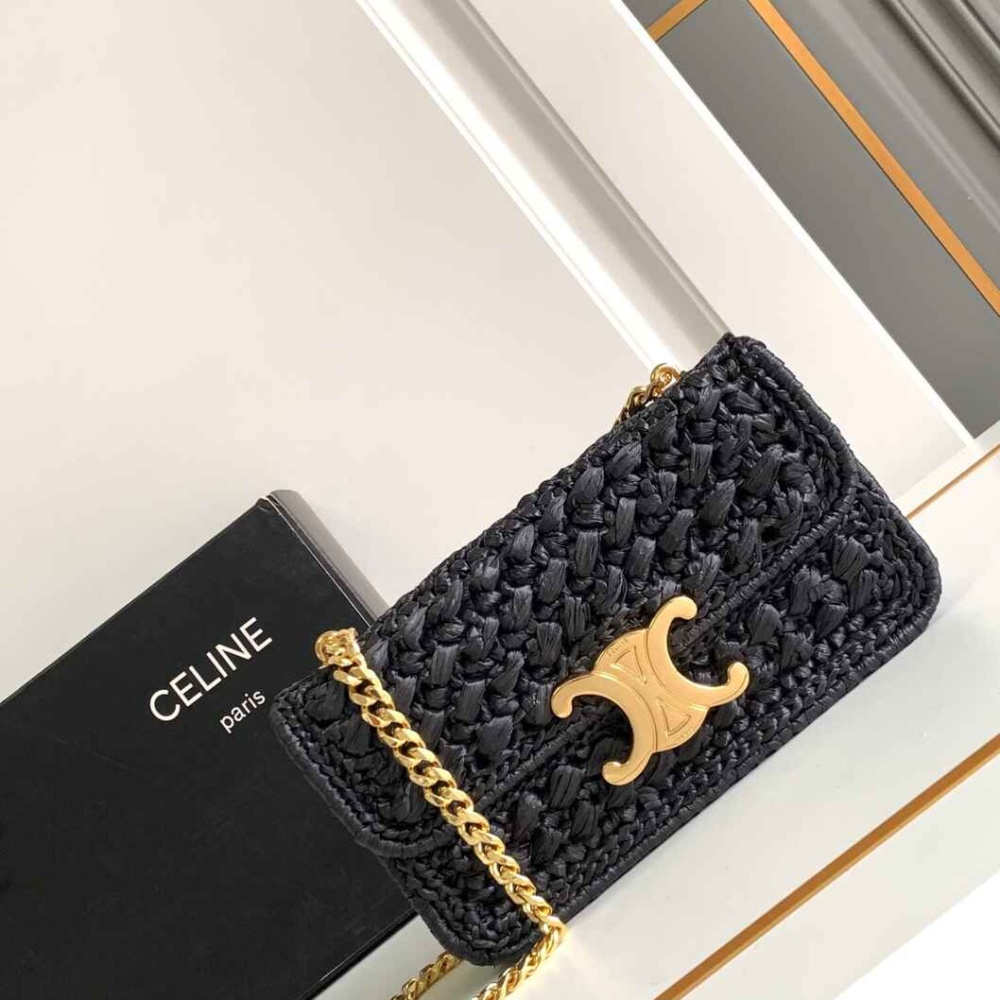 Celine Triomphe Woven Raffia Chain Shoulder Bag in Black with Gold Hardware