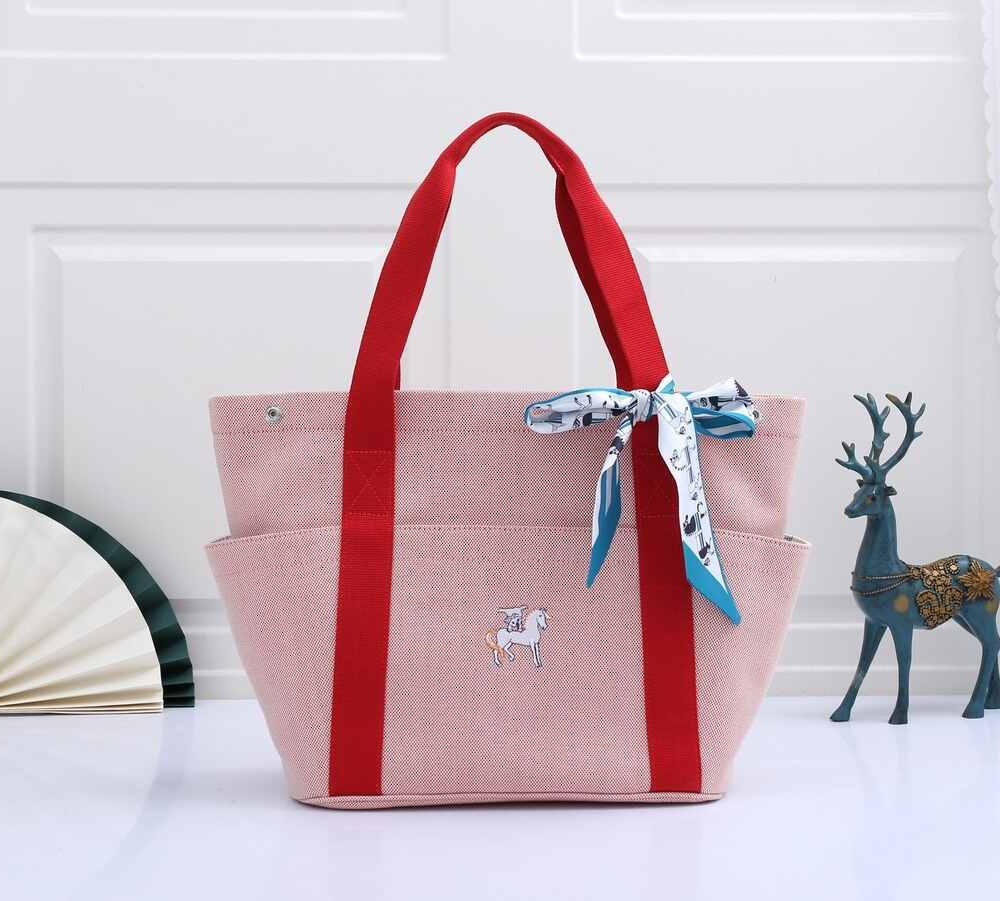 Hermès Cabriole Canvas Baby Bag with Pony Embroidery | Large Tote Diaper Bag in Pink with Red Handles