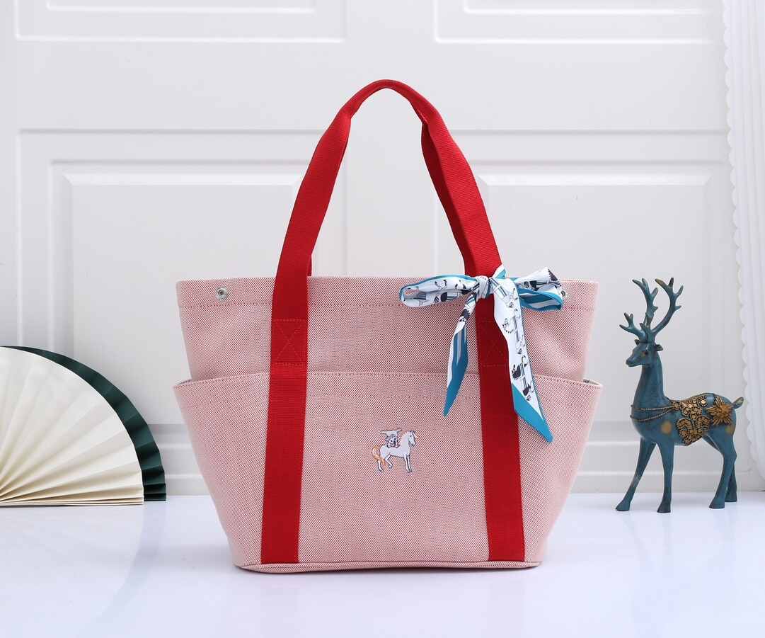 Hermès Cabriole Canvas Baby Bag with Pony Embroidery | Large Tote Diaper Bag in Pink with Red Handles