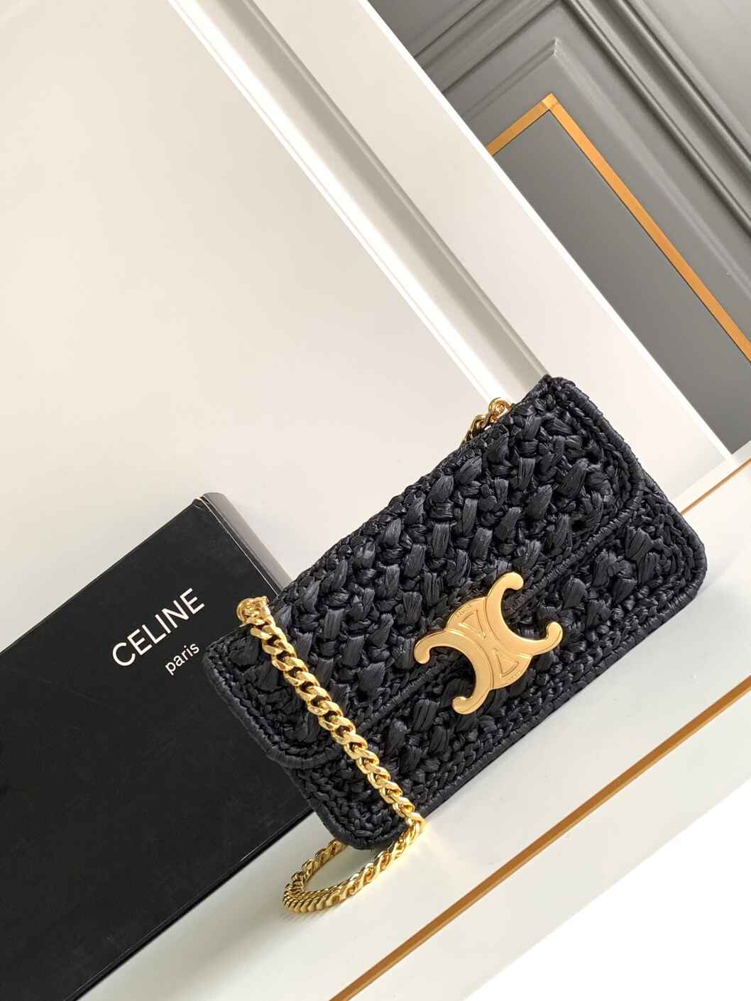 Celine Triomphe Woven Raffia Chain Shoulder Bag in Black with Gold Hardware