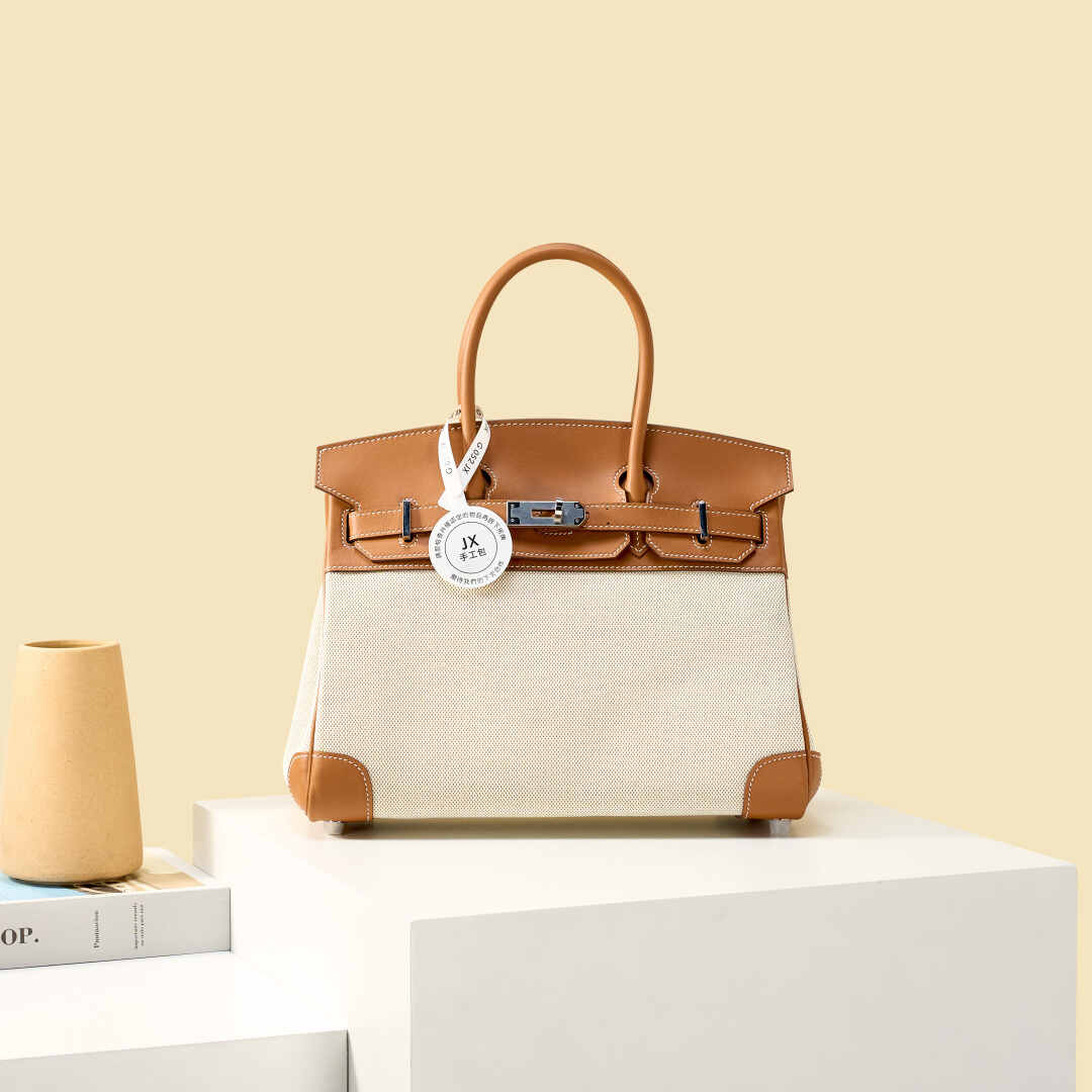 Hermès Birkin Canvas & Leather Tote Bag | Classic Two-Tone Design with Silver Hardware