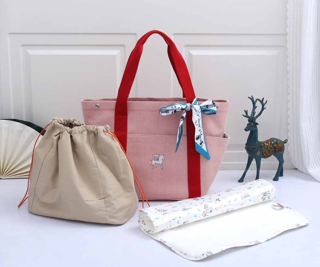 Hermès Cabriole Canvas Baby Bag with Pony Embroidery | Large Tote Diaper Bag in Pink with Red Handles