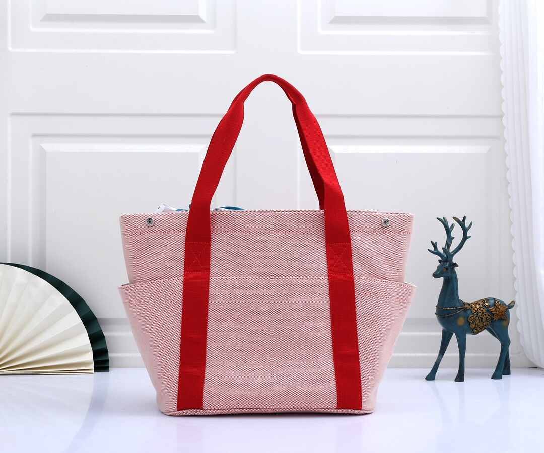 Hermès Cabriole Canvas Baby Bag with Pony Embroidery | Large Tote Diaper Bag in Pink with Red Handles
