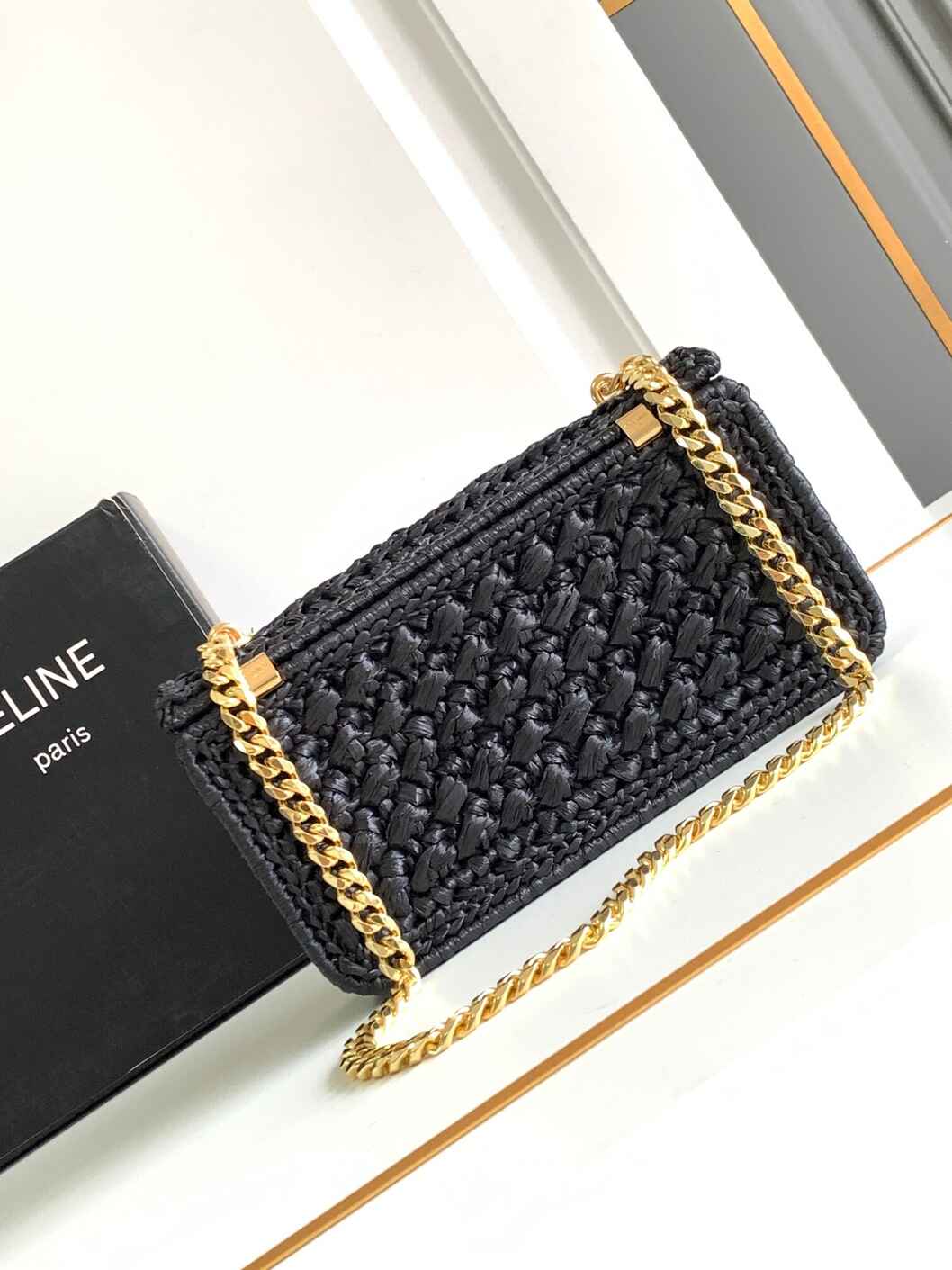 Celine Triomphe Woven Raffia Chain Shoulder Bag in Black with Gold Hardware