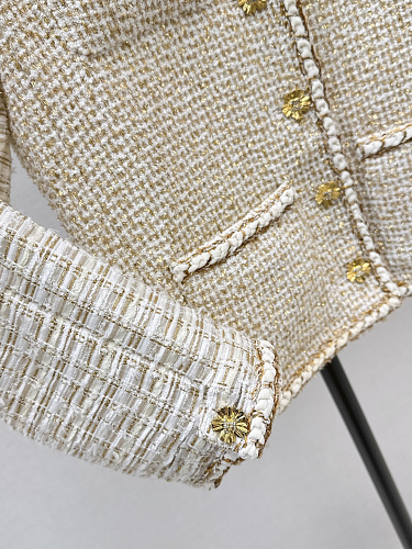 Chanel-Style Cream Tweed Jacket with Gold Trim – Elegant Spring/Summer 2026