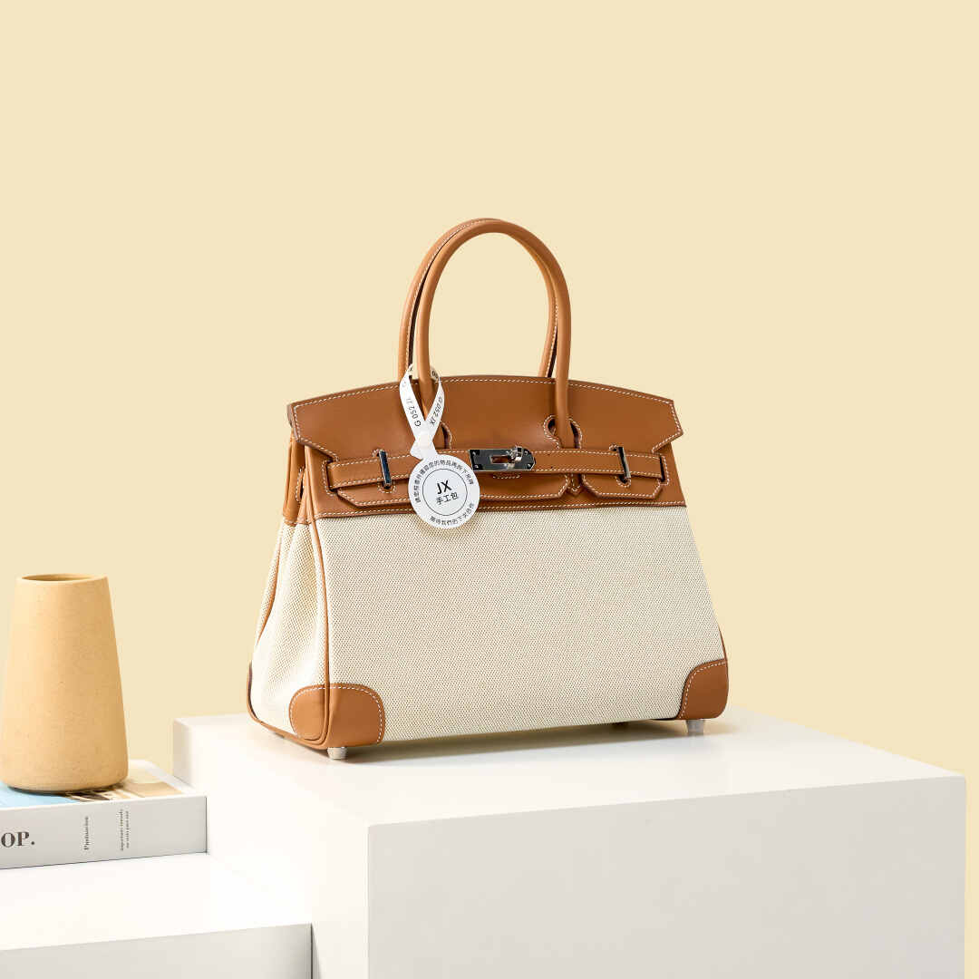 Hermès Birkin Canvas & Leather Tote Bag | Classic Two-Tone Design with Silver Hardware