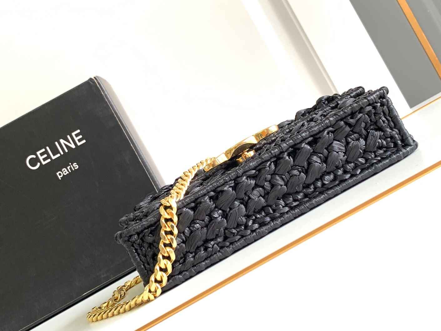 Celine Triomphe Woven Raffia Chain Shoulder Bag in Black with Gold Hardware