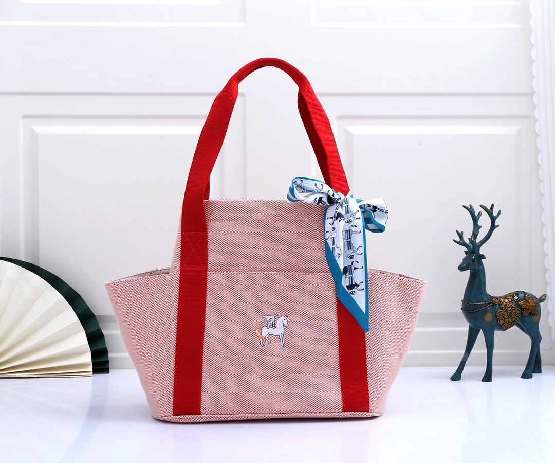 Hermès Cabriole Canvas Baby Bag with Pony Embroidery | Large Tote Diaper Bag in Pink with Red Handles