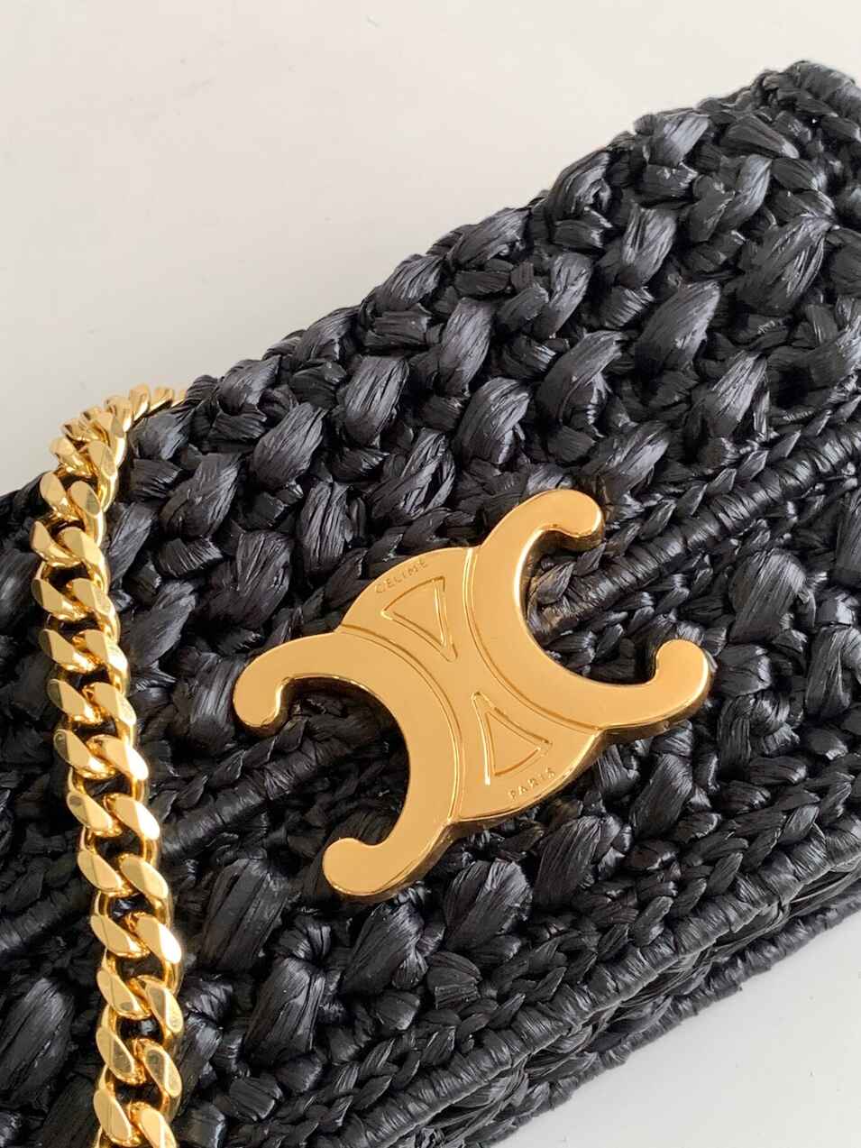 Celine Triomphe Woven Raffia Chain Shoulder Bag in Black with Gold Hardware