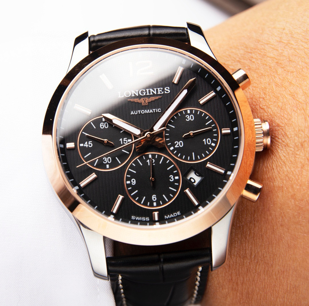 Longines Conquest Classic Chronograph L2.786.5.56.7 in Steel & 18K Rose Gold with Black Dial & Alligator Strap