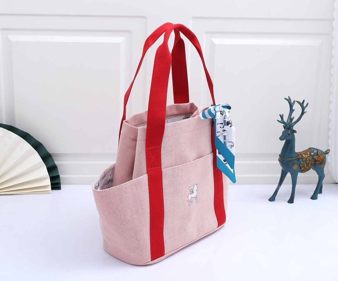 Hermès Cabriole Canvas Baby Bag with Pony Embroidery | Large Tote Diaper Bag in Pink with Red Handles