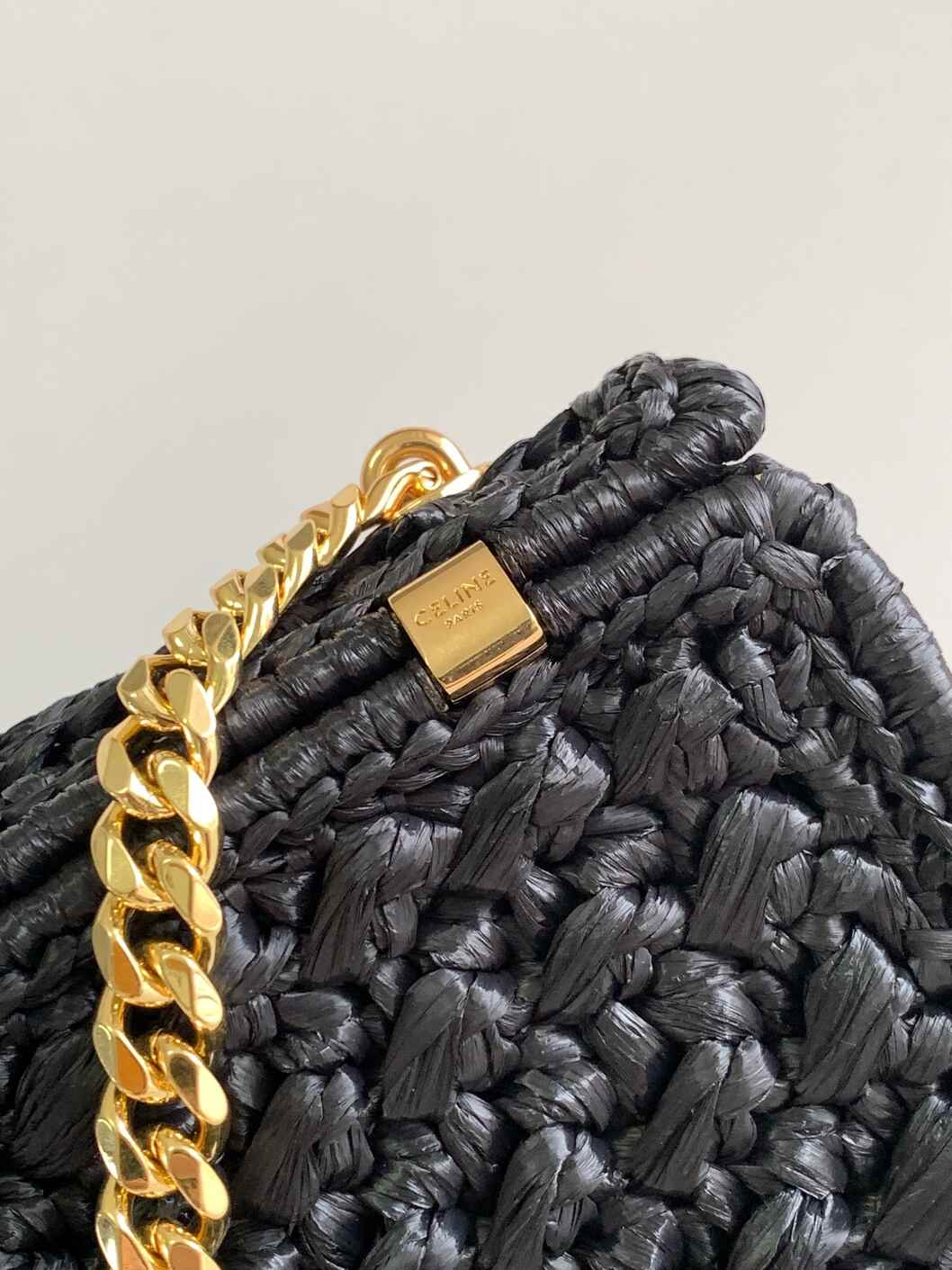 Celine Triomphe Woven Raffia Chain Shoulder Bag in Black with Gold Hardware