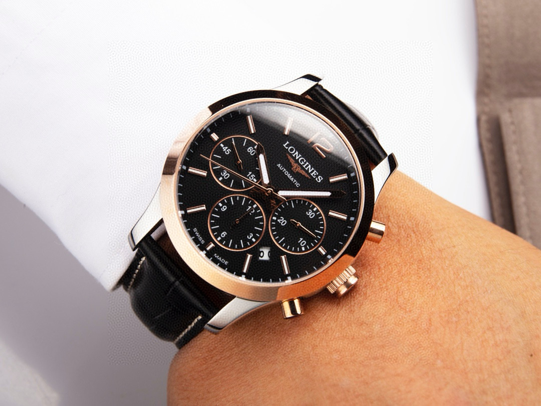 Longines Conquest Classic Chronograph L2.786.5.56.7 in Steel & 18K Rose Gold with Black Dial & Alligator Strap