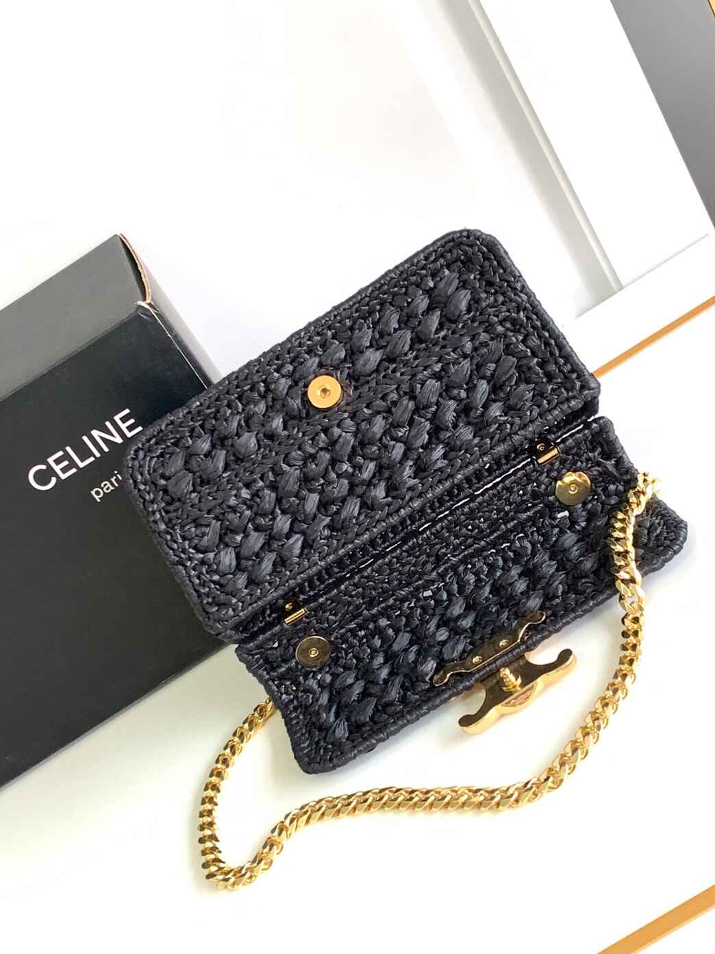 Celine Triomphe Woven Raffia Chain Shoulder Bag in Black with Gold Hardware