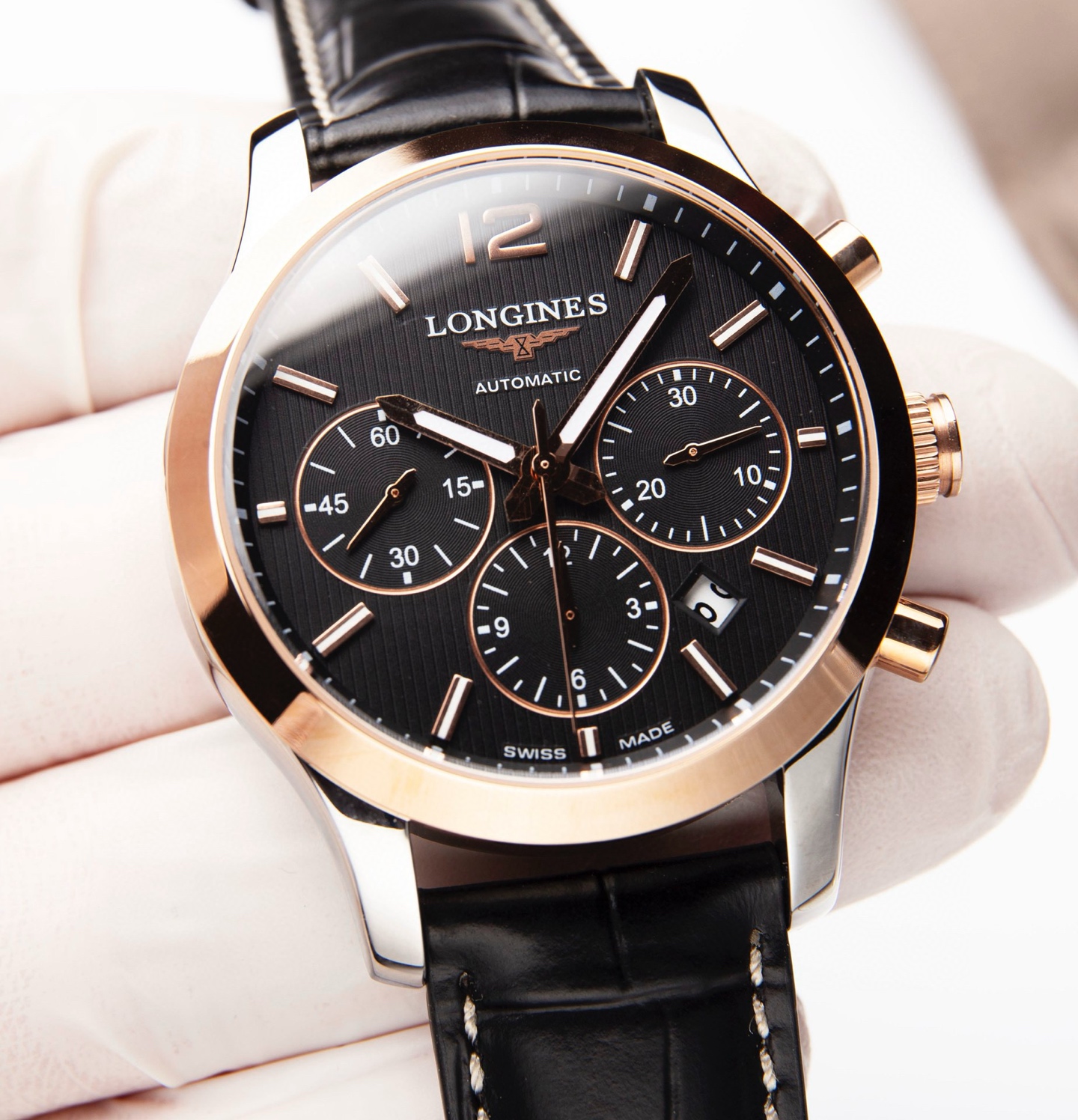 Longines Conquest Classic Chronograph L2.786.5.56.7 in Steel & 18K Rose Gold with Black Dial & Alligator Strap