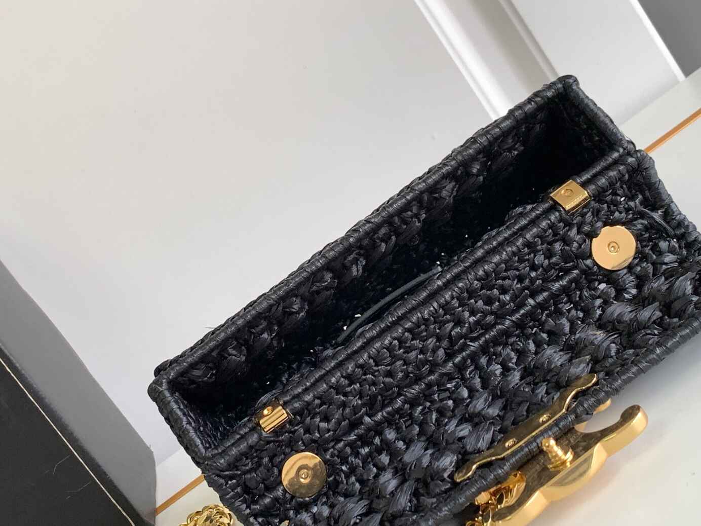 Celine Triomphe Woven Raffia Chain Shoulder Bag in Black with Gold Hardware