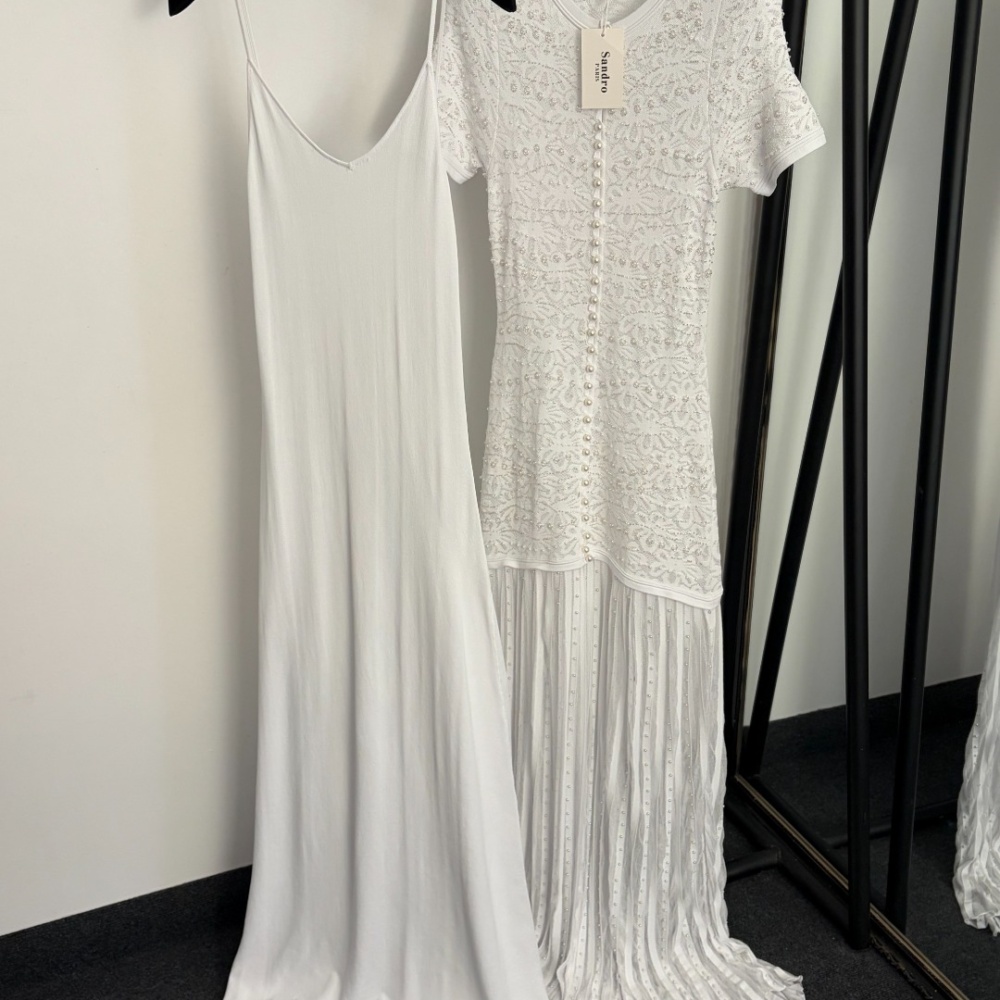 Sandro Paris White Lace & Pleated Maxi Dress Set – Short-Sleeve Embroidered Top with Matching Slip Dress (Size M)