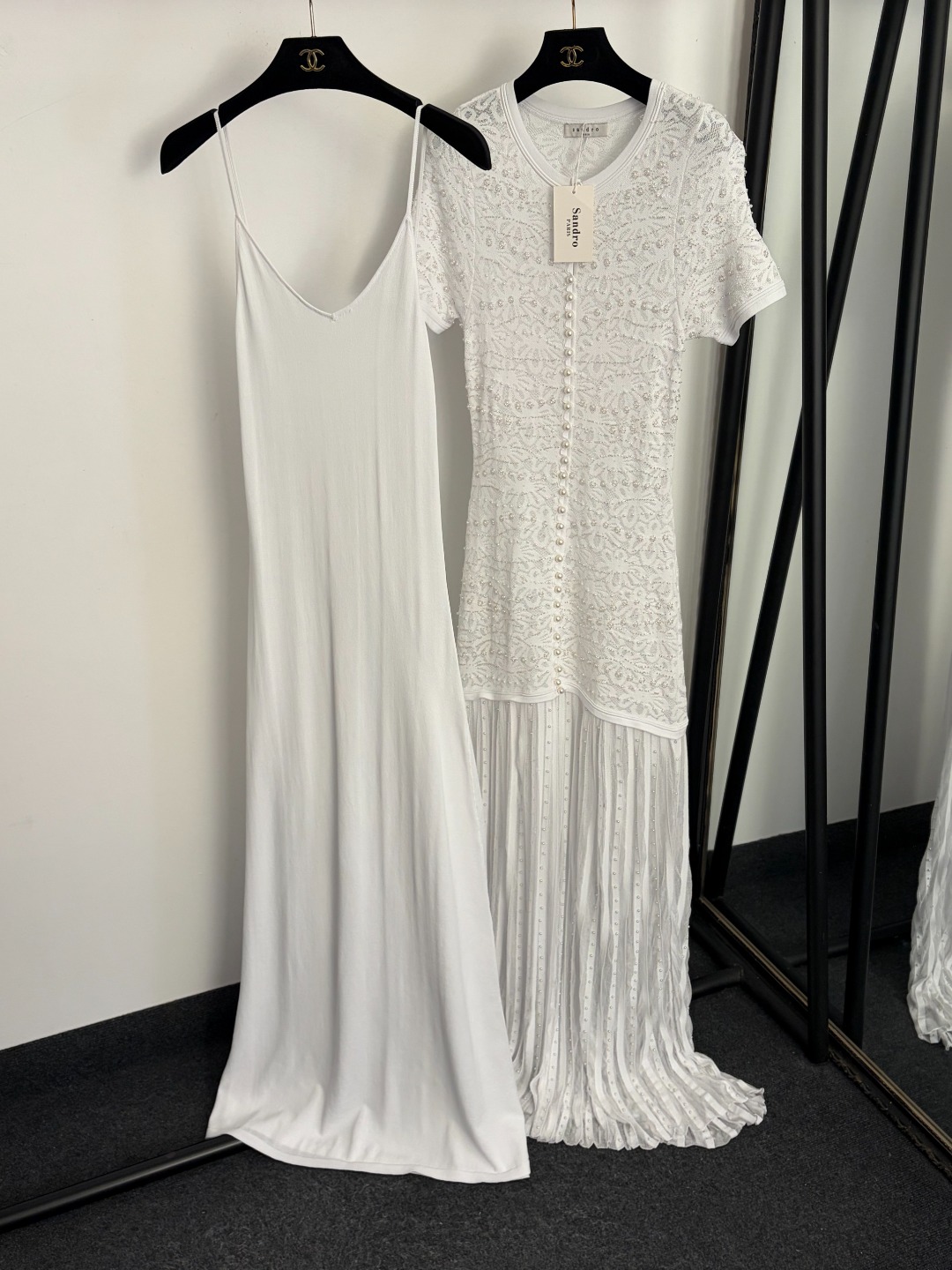 Sandro Paris White Lace & Pleated Maxi Dress Set – Short-Sleeve Embroidered Top with Matching Slip Dress (Size M)