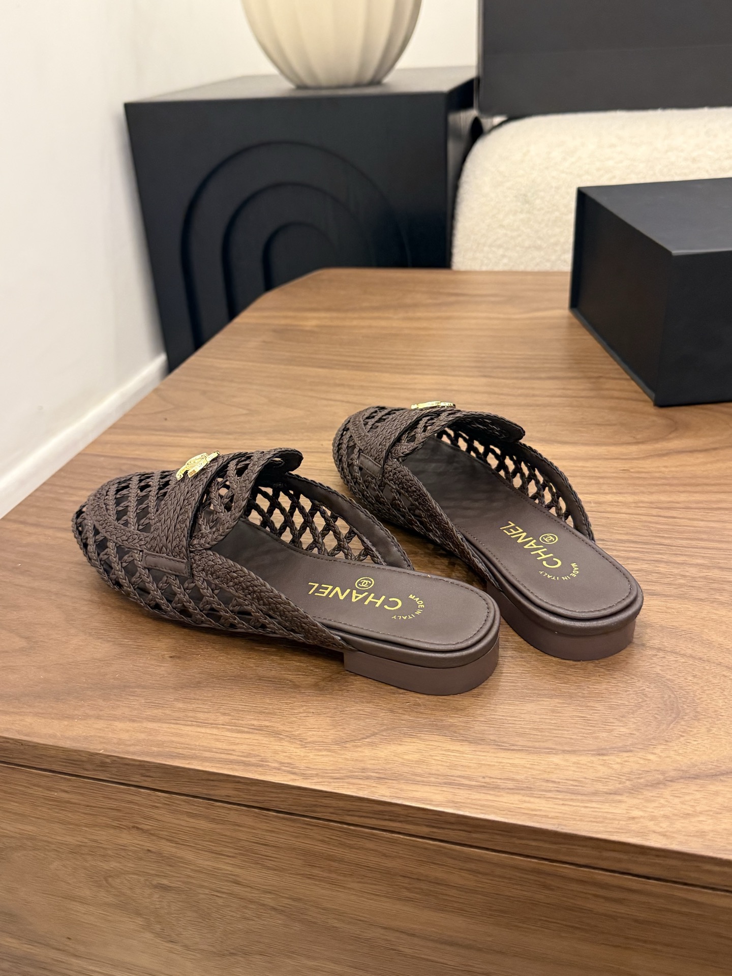 Chanel Woven Leather Slide Sandals – Dark Brown with Gold-Tone CC Logo, Italian Leather Sole (EU 35–39)