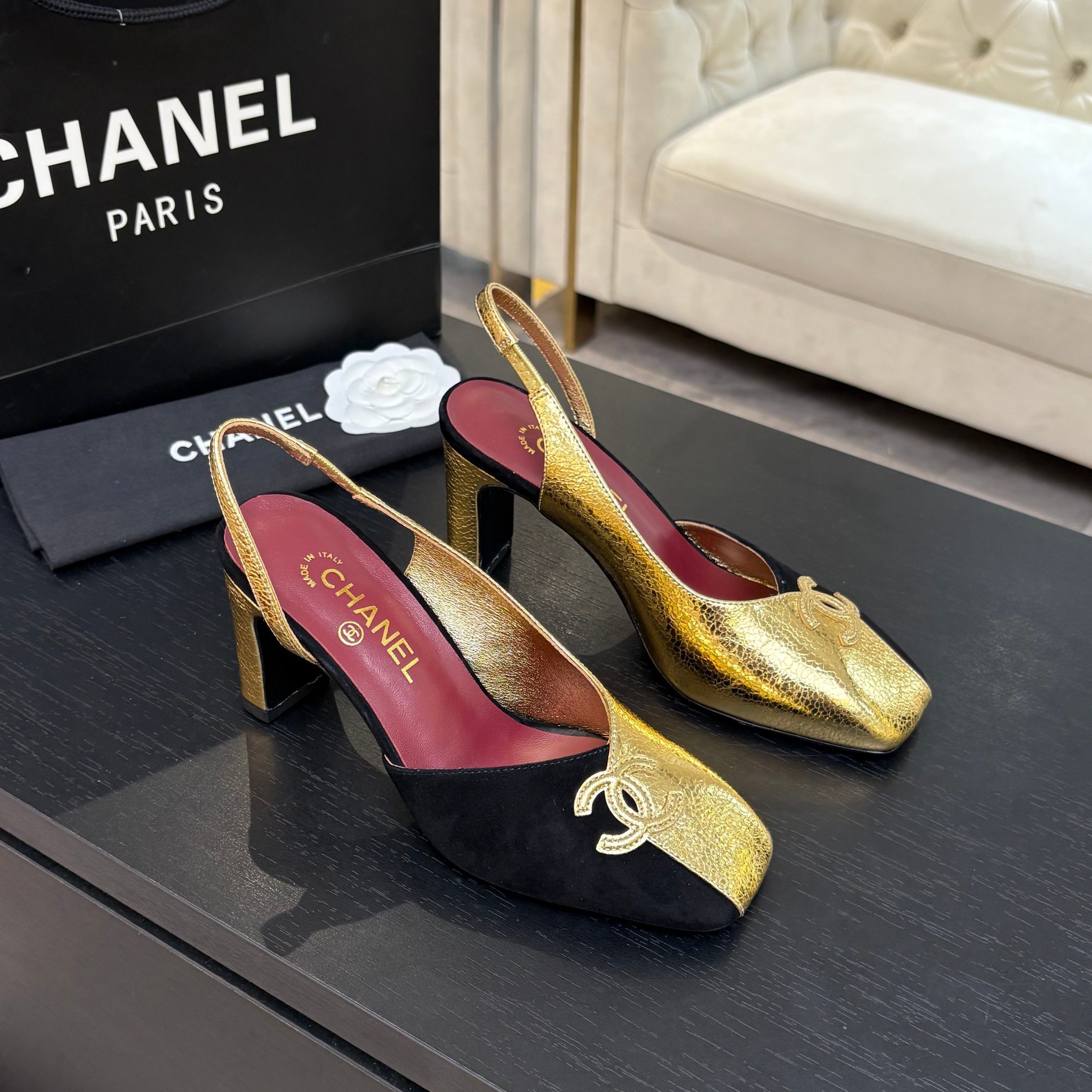 Chanel 26S Two-Tone Slingback Heels – Black Suede & Gold Metallic Leather with CC Logo, Square Toe (EU 35–39)