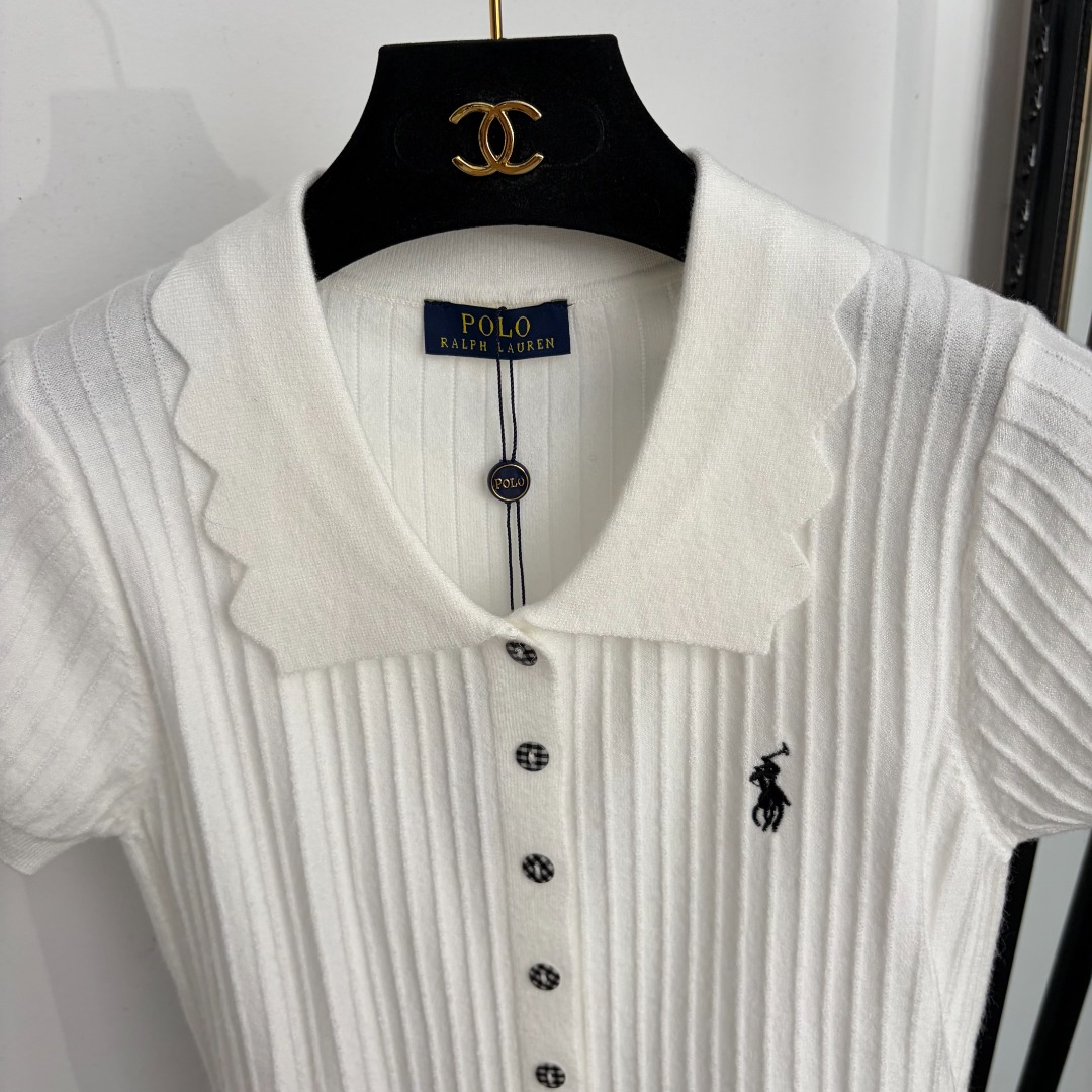 Polo Ralph Lauren Women’s Ribbed Knit Short-Sleeve Cardigan – White with Scalloped Collar & Pony Logo (Size M)