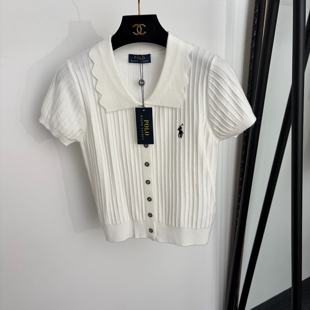 Polo Ralph Lauren Women’s Ribbed Knit Short-Sleeve Cardigan – White with Scalloped Collar & Pony Logo (Size M)