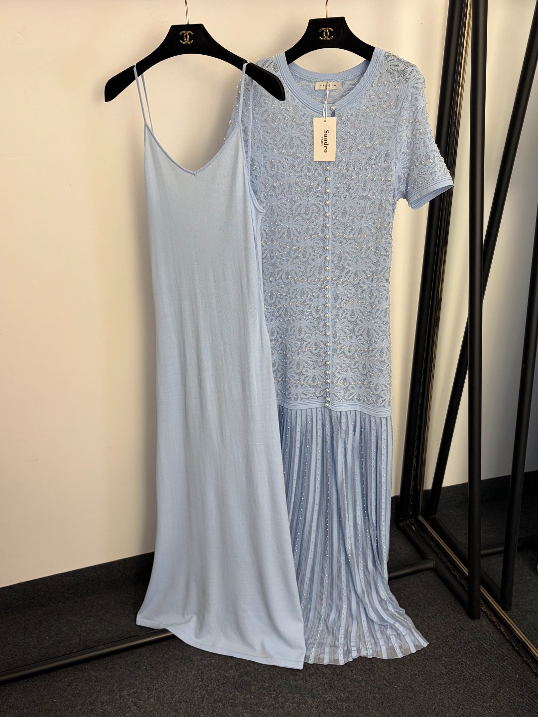 Sandro Paris White Lace & Pleated Maxi Dress Set – Short-Sleeve Embroidered Top with Matching Slip Dress (Size M)