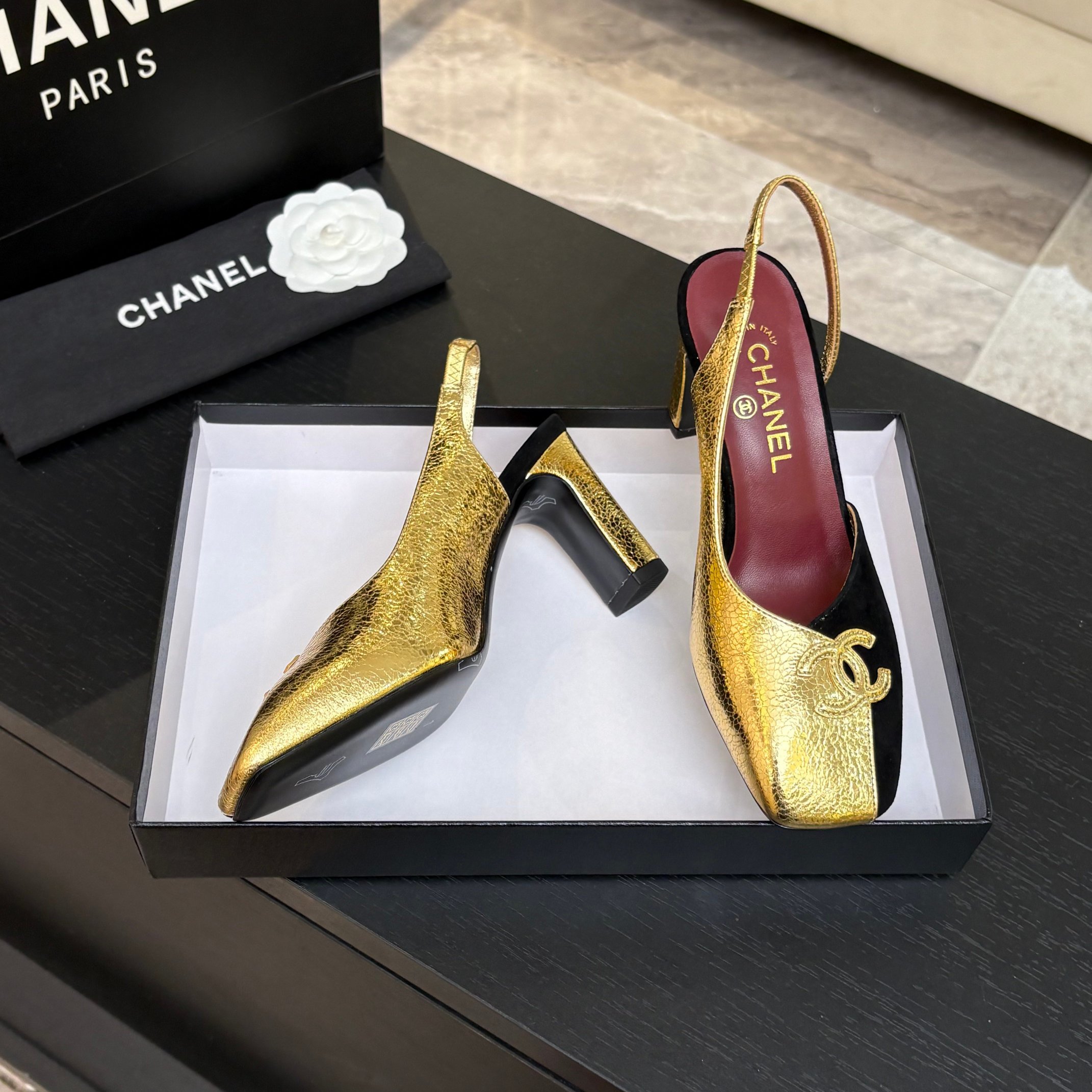 Chanel 26S Two-Tone Slingback Heels – Black Suede & Gold Metallic Leather with CC Logo, Square Toe (EU 35–39)
