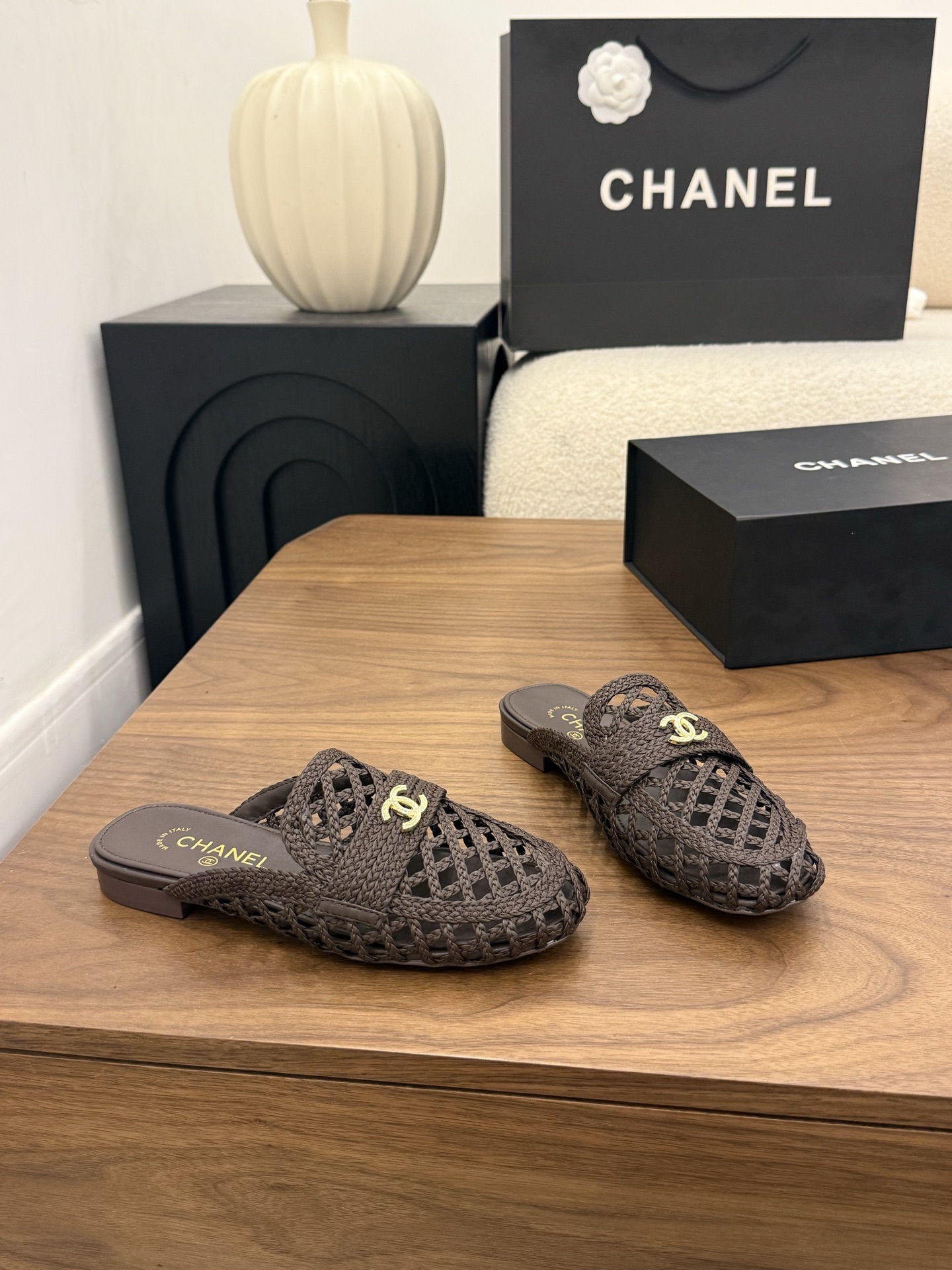 Chanel Woven Leather Slide Sandals – Dark Brown with Gold-Tone CC Logo, Italian Leather Sole (EU 35–39)