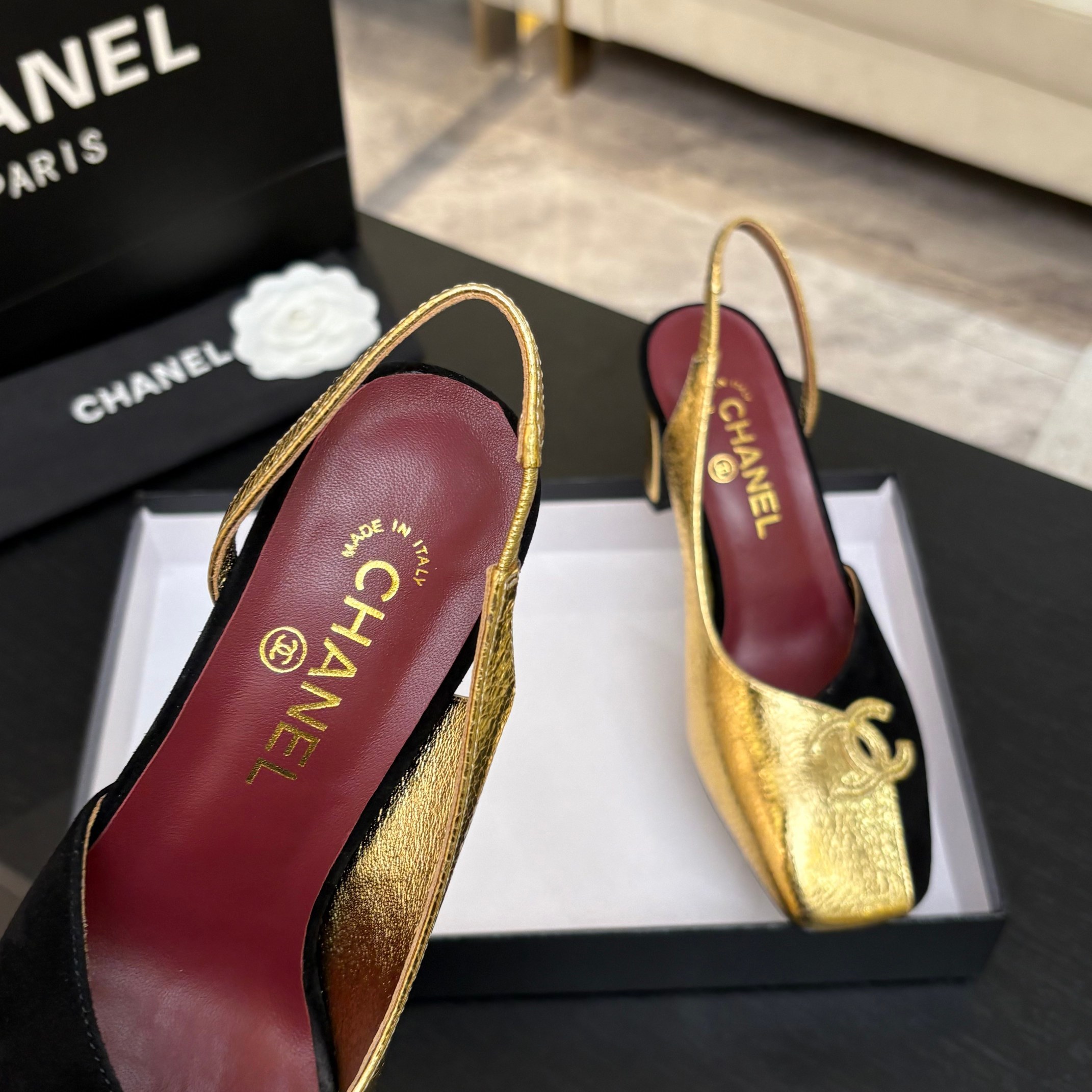 Chanel 26S Two-Tone Slingback Heels – Black Suede & Gold Metallic Leather with CC Logo, Square Toe (EU 35–39)
