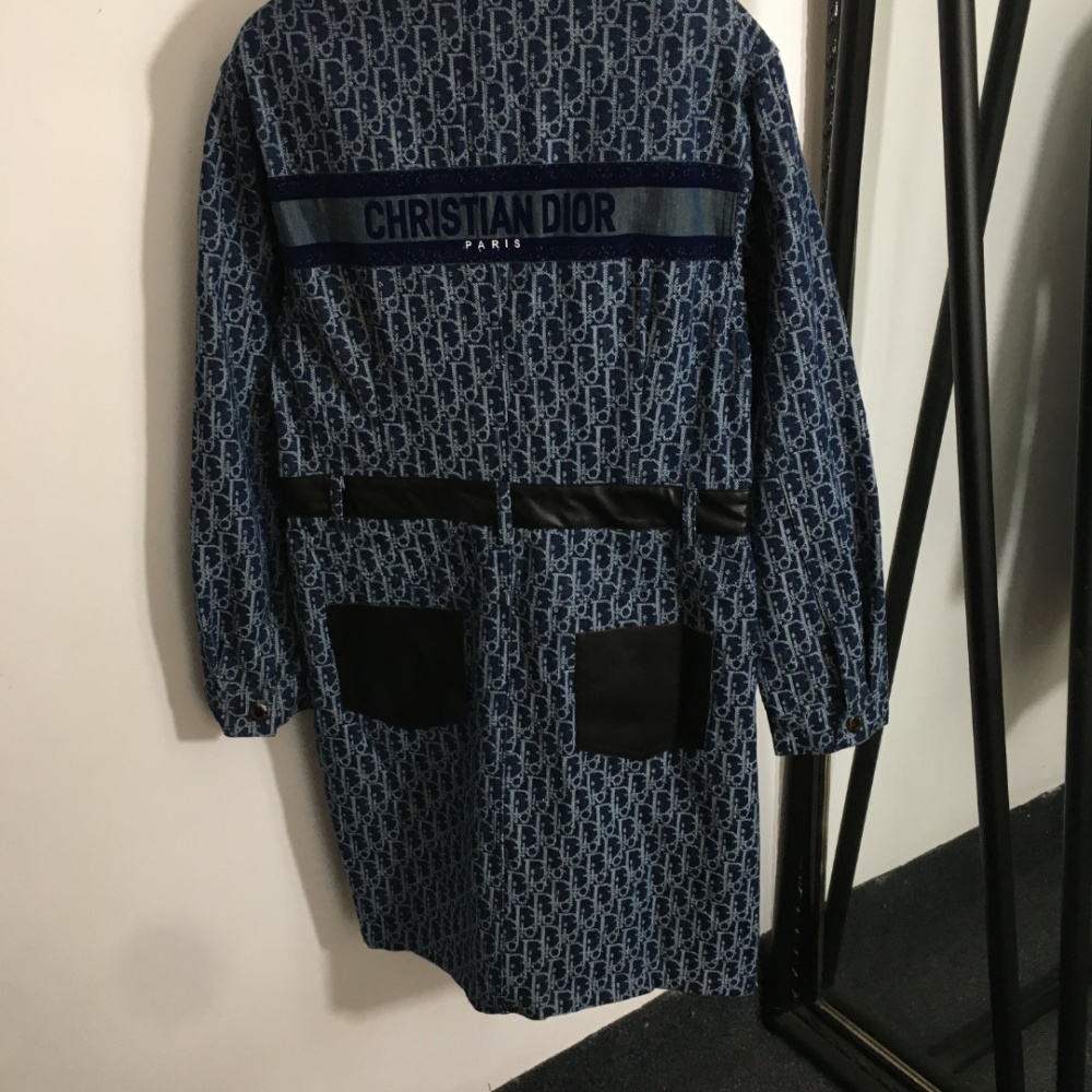 Christian Dior Oblique Monogram Denim Shirt Dress – Navy Blue with Leather Trim & Back Logo Band (Size M)
