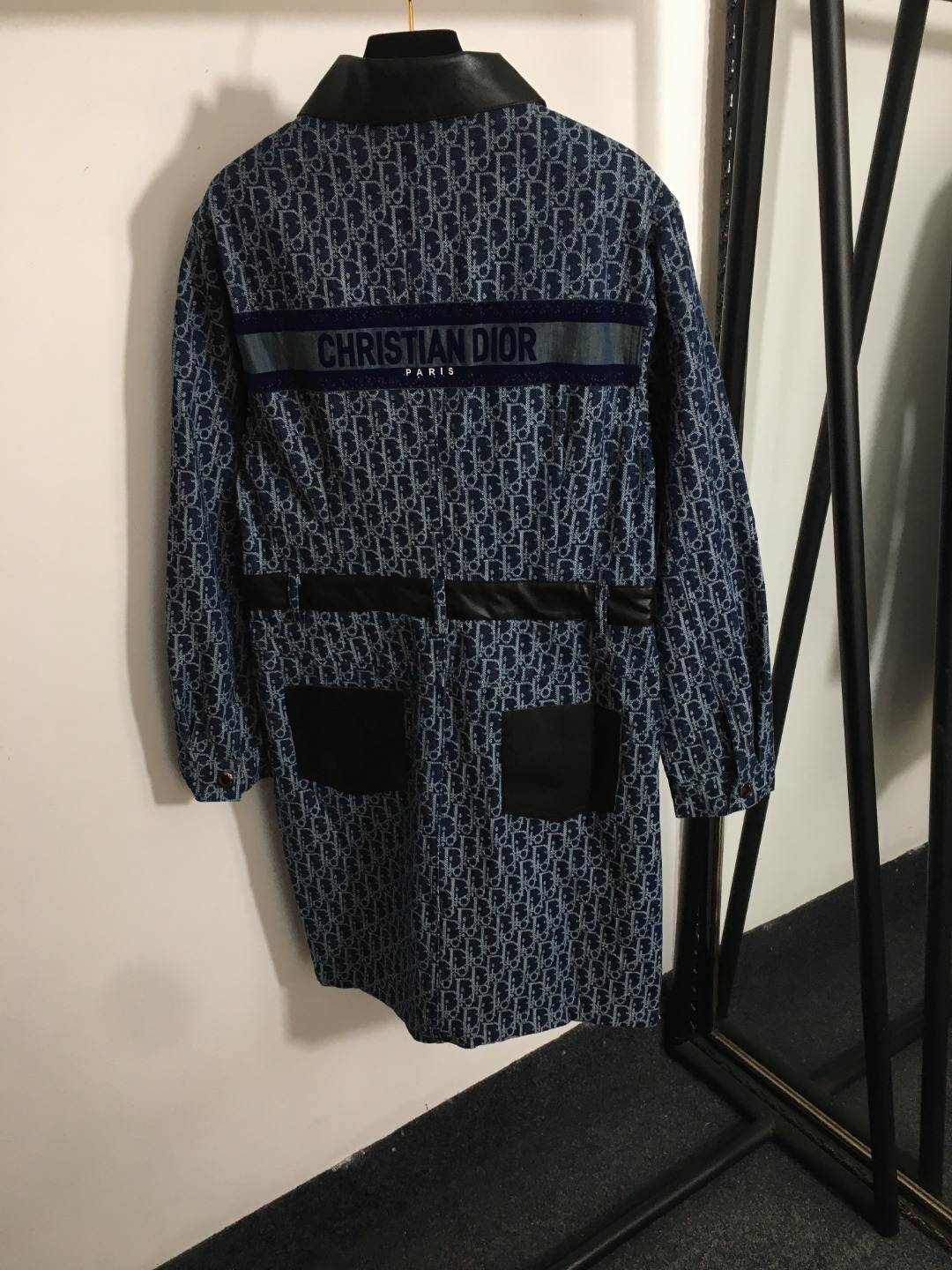Christian Dior Oblique Monogram Denim Shirt Dress – Navy Blue with Leather Trim & Back Logo Band (Size M)