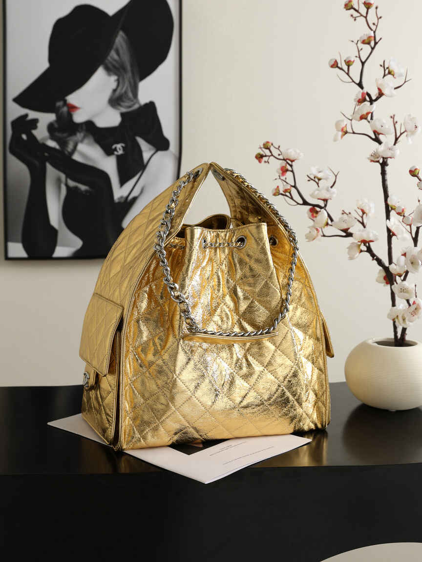 Chanel 25C Early Spring Collection – Gold Metallic Quilted Bucket Bag with Chain Strap & Adjustable Drawstring Closure (Model AS5311)