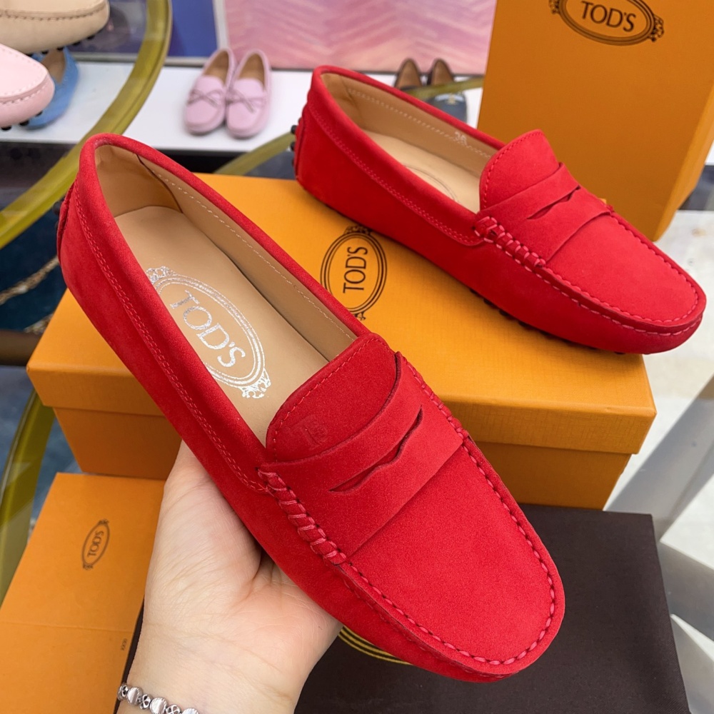 Tod’s Classic Women’s Gommino Driving Loafers – Red Suede with Rubber Pebble Sole (Sizes 35–41)