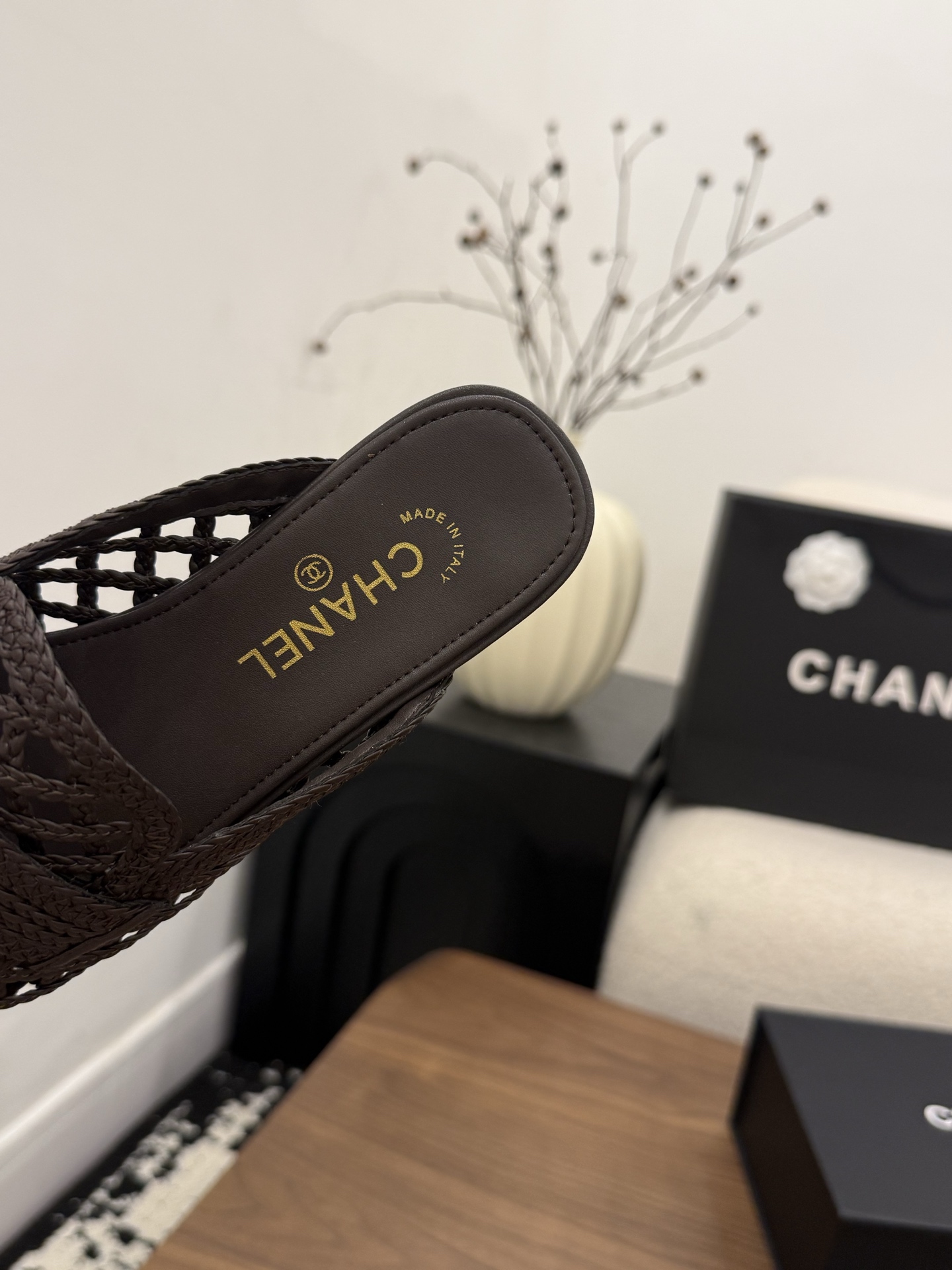 Chanel Woven Leather Slide Sandals – Dark Brown with Gold-Tone CC Logo, Italian Leather Sole (EU 35–39)