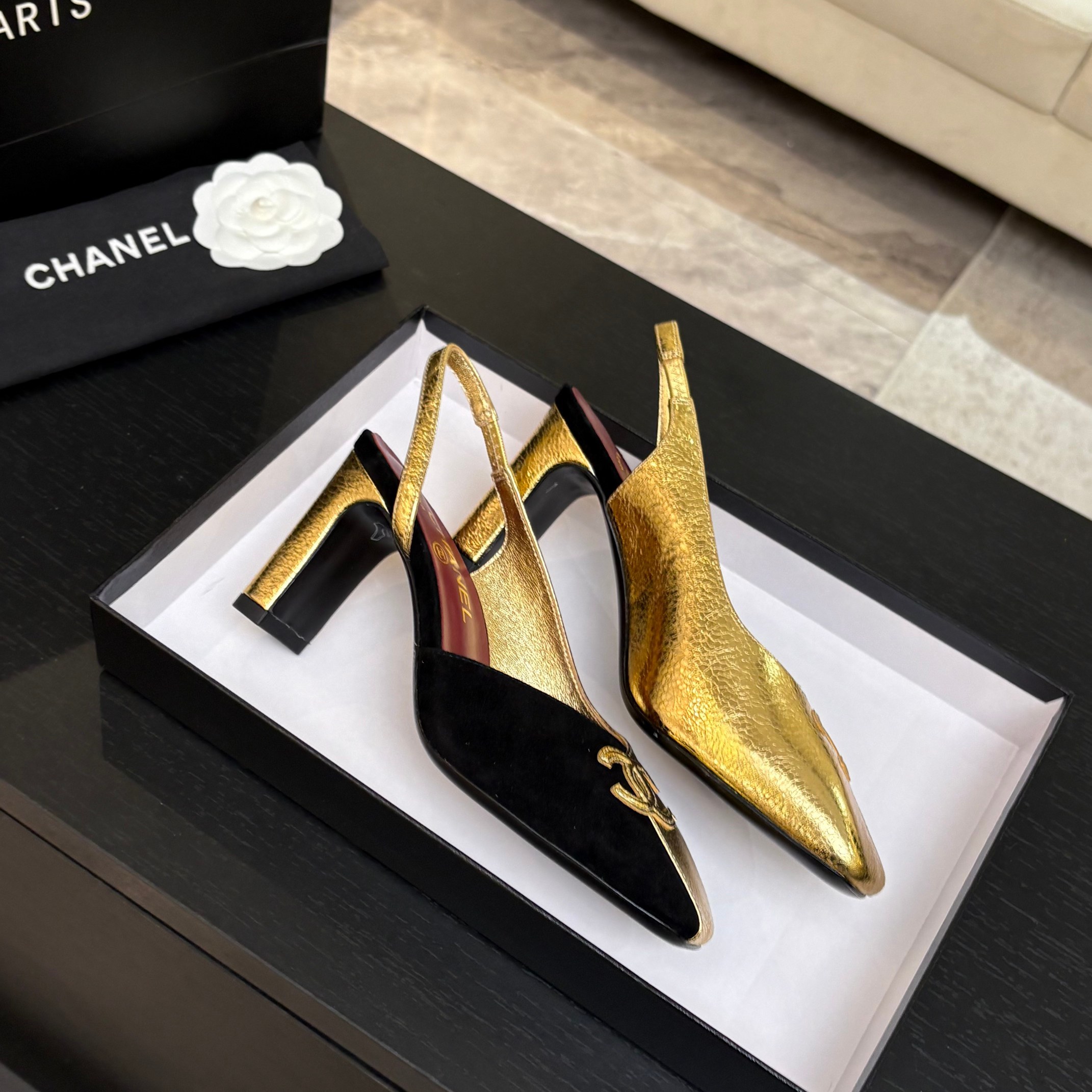 Chanel 26S Two-Tone Slingback Heels – Black Suede & Gold Metallic Leather with CC Logo, Square Toe (EU 35–39)