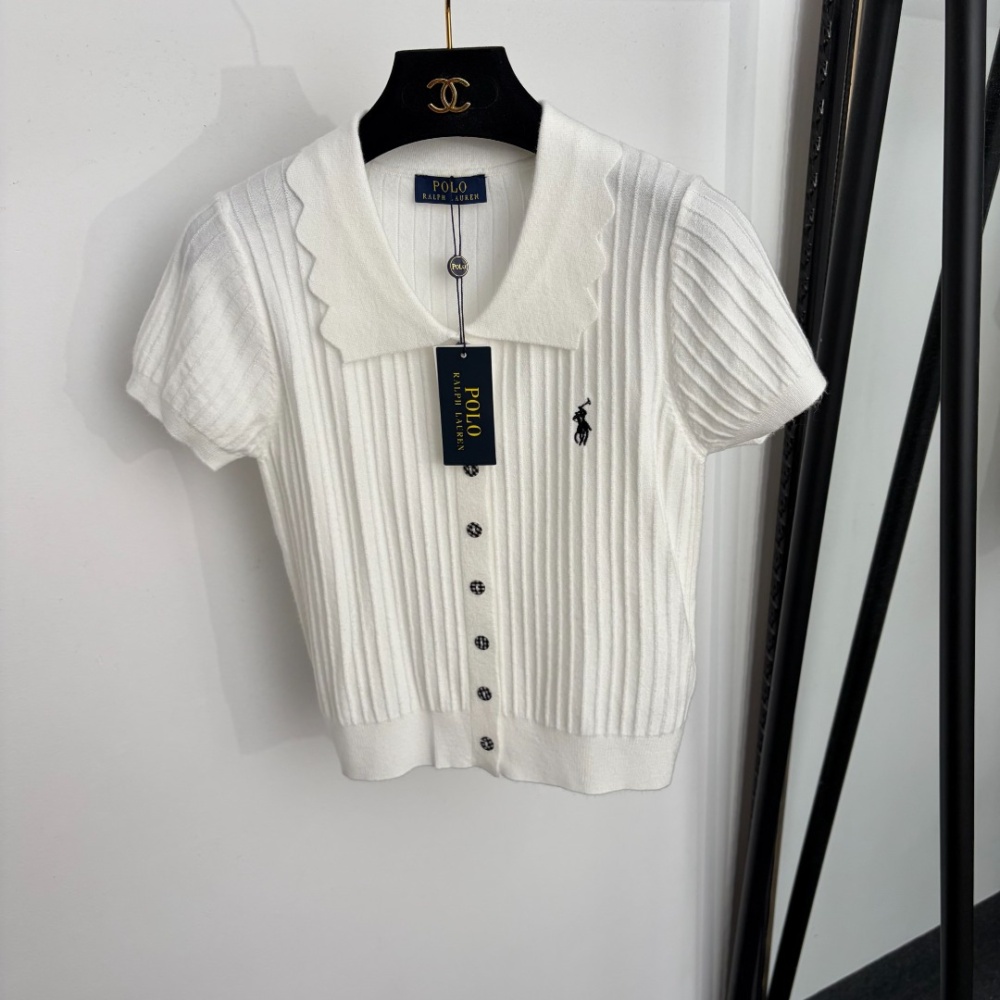 Polo Ralph Lauren Women’s Ribbed Knit Short-Sleeve Cardigan – White with Scalloped Collar & Pony Logo (Size M)