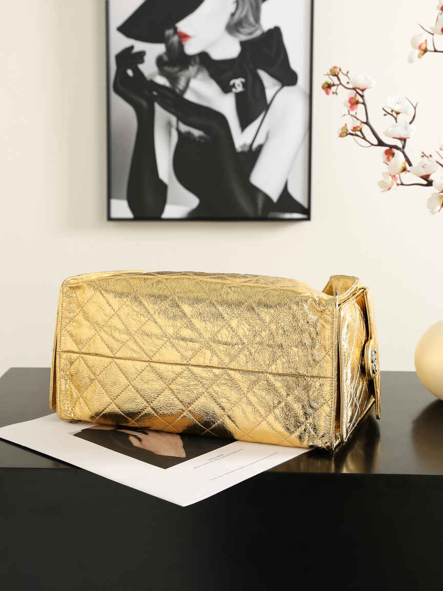 Chanel 25C Early Spring Collection – Gold Metallic Quilted Bucket Bag with Chain Strap & Adjustable Drawstring Closure (Model AS5311)