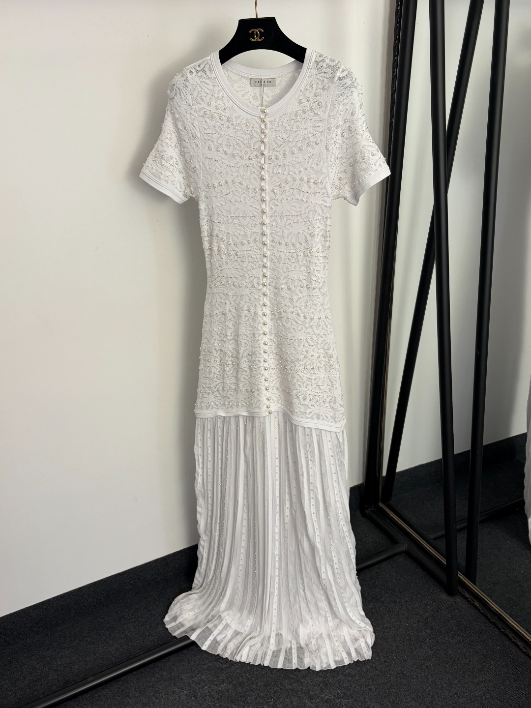 Sandro Paris White Lace & Pleated Maxi Dress Set – Short-Sleeve Embroidered Top with Matching Slip Dress (Size M)