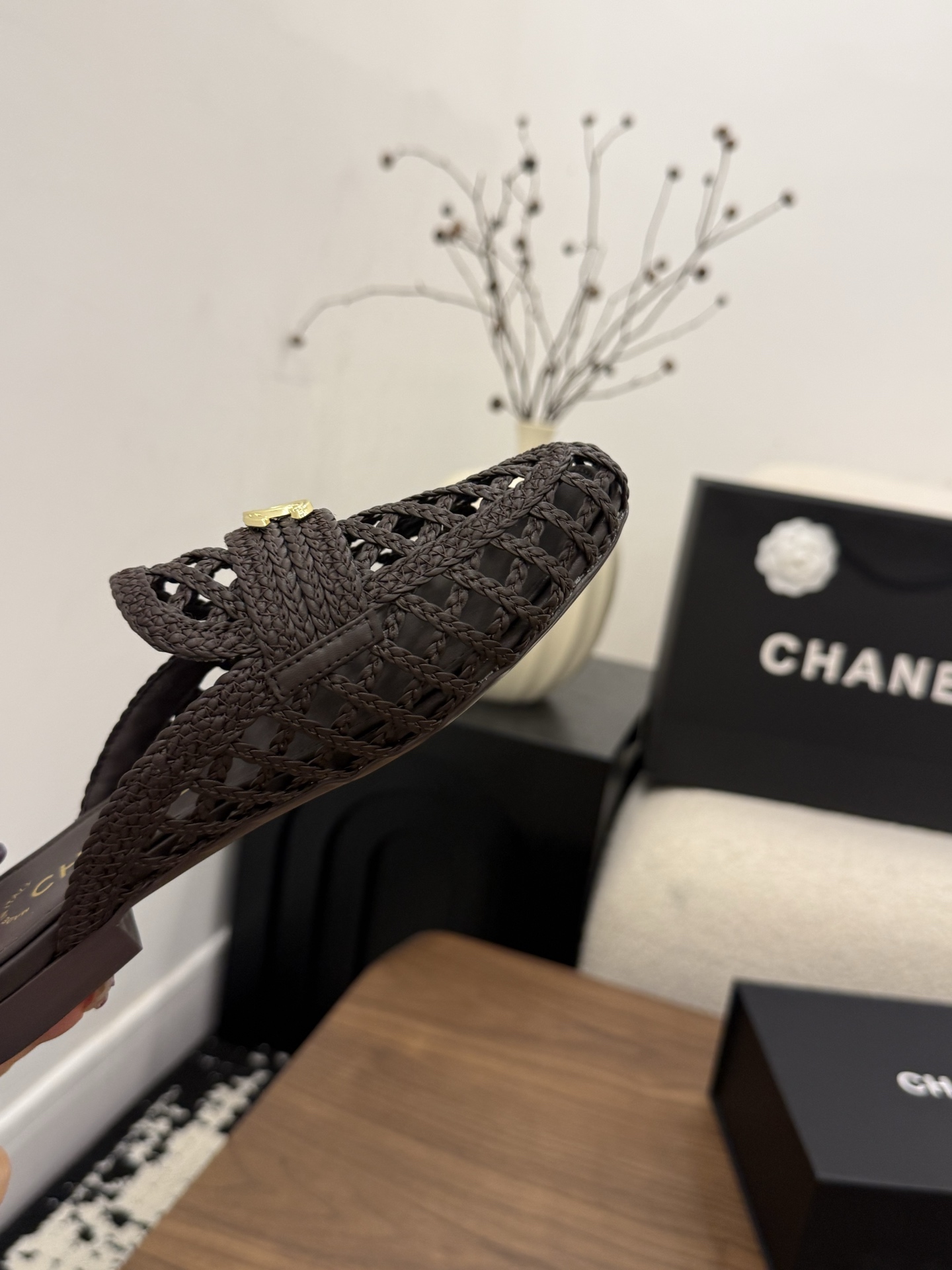 Chanel Woven Leather Slide Sandals – Dark Brown with Gold-Tone CC Logo, Italian Leather Sole (EU 35–39)