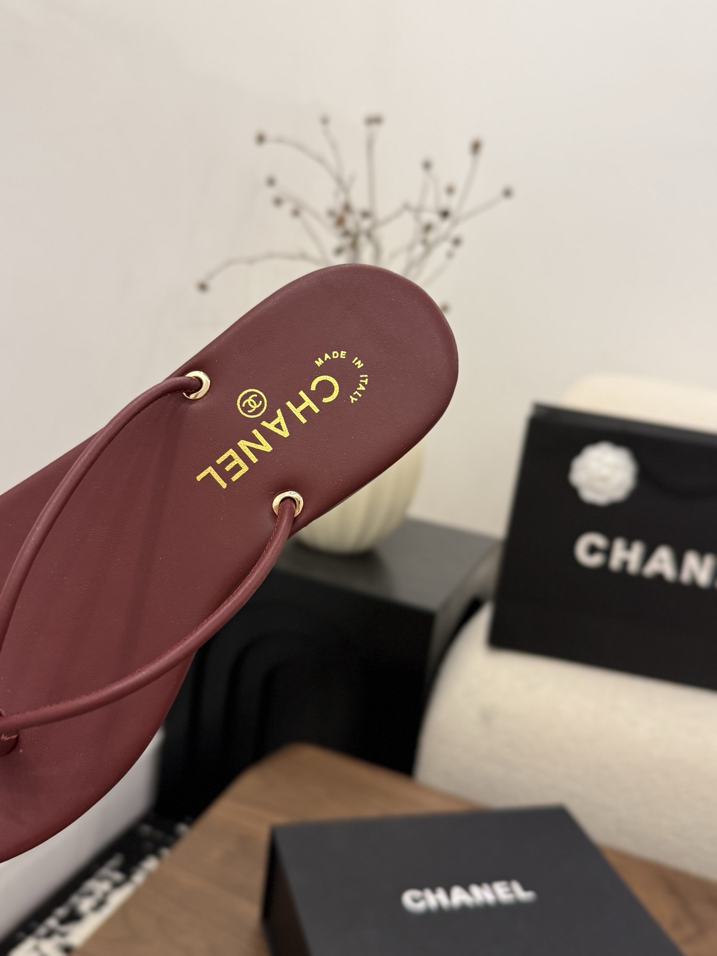 Chanel Classic Leather Flip-Flop Sandals – Burgundy with Gold-Tone CC Logo, Italian Leather Sole (EU 35–39)