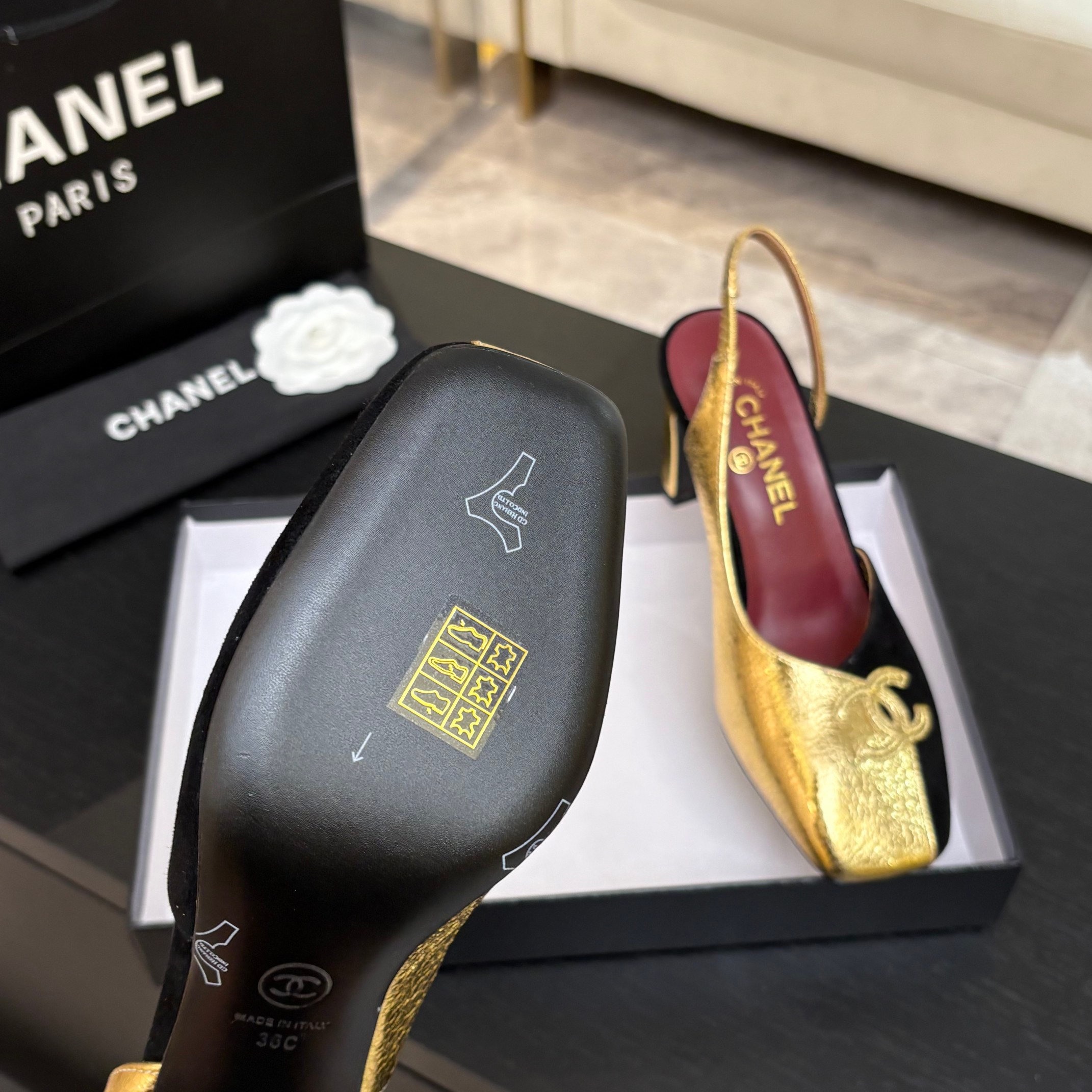 Chanel 26S Two-Tone Slingback Heels – Black Suede & Gold Metallic Leather with CC Logo, Square Toe (EU 35–39)
