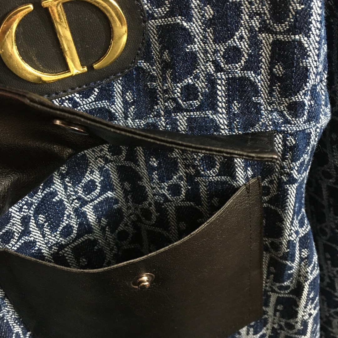 Christian Dior Oblique Monogram Denim Shirt Dress – Navy Blue with Leather Trim & Back Logo Band (Size M)
