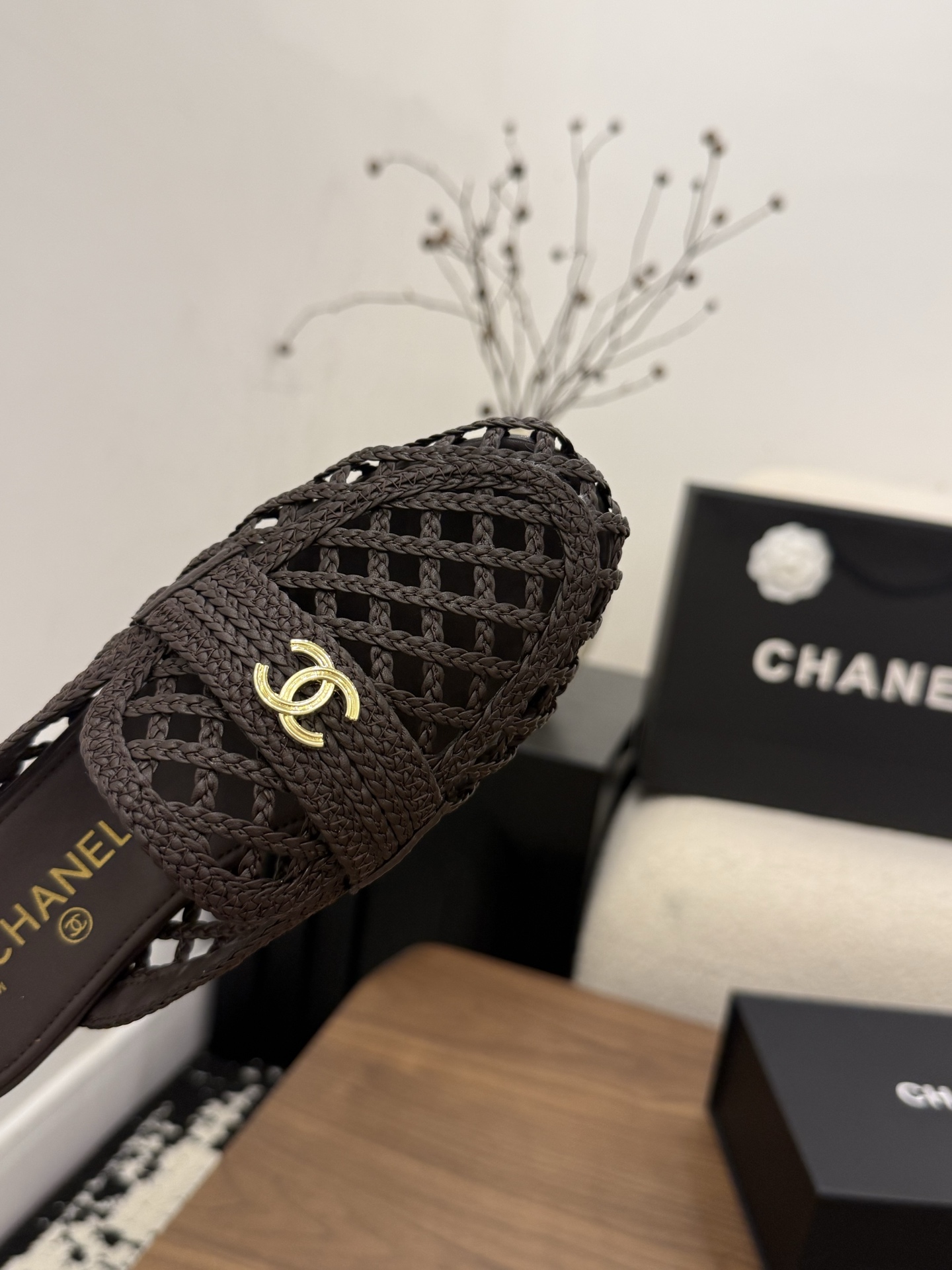 Chanel Woven Leather Slide Sandals – Dark Brown with Gold-Tone CC Logo, Italian Leather Sole (EU 35–39)