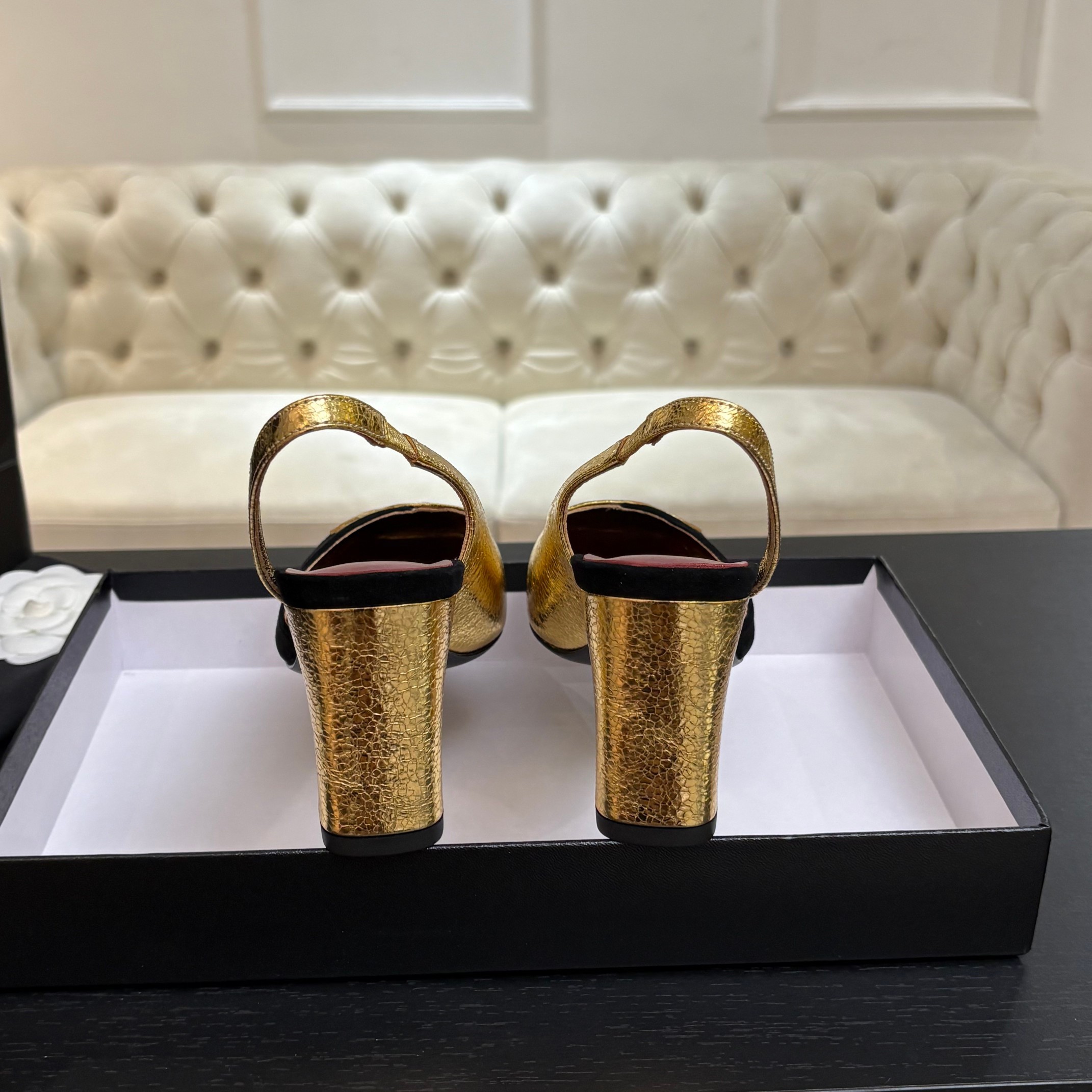 Chanel 26S Two-Tone Slingback Heels – Black Suede & Gold Metallic Leather with CC Logo, Square Toe (EU 35–39)