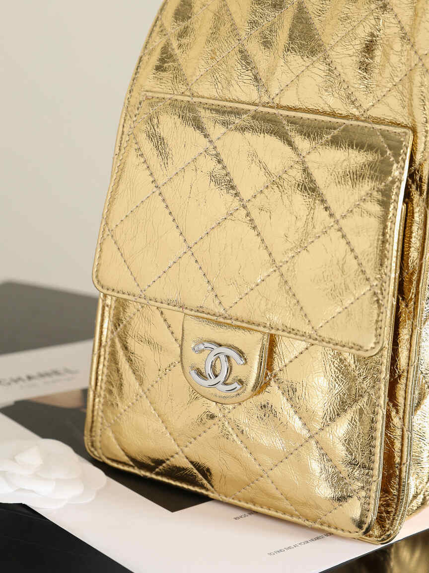 Chanel 25C Early Spring Collection – Gold Metallic Quilted Bucket Bag with Chain Strap & Adjustable Drawstring Closure (Model AS5311)