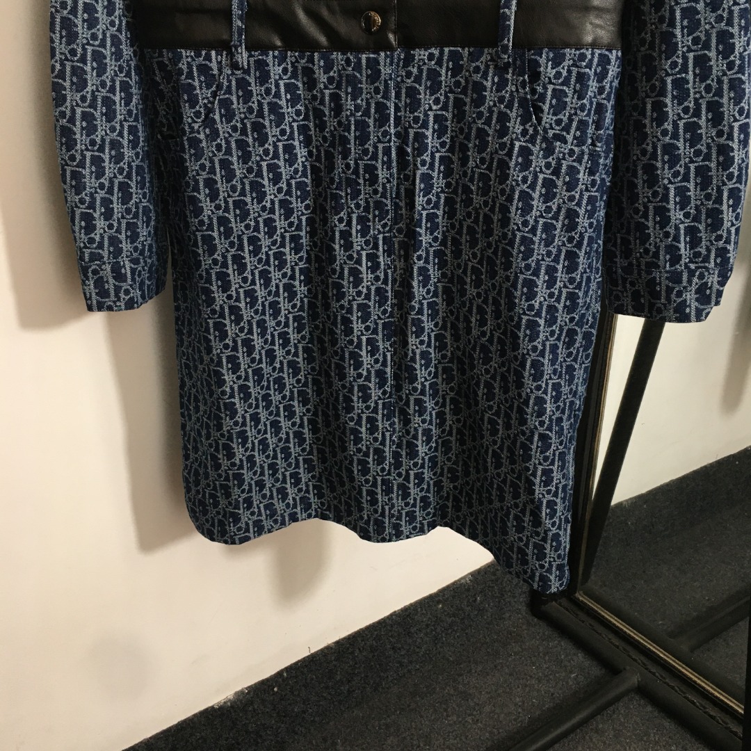 Christian Dior Oblique Monogram Denim Shirt Dress – Navy Blue with Leather Trim & Back Logo Band (Size M)