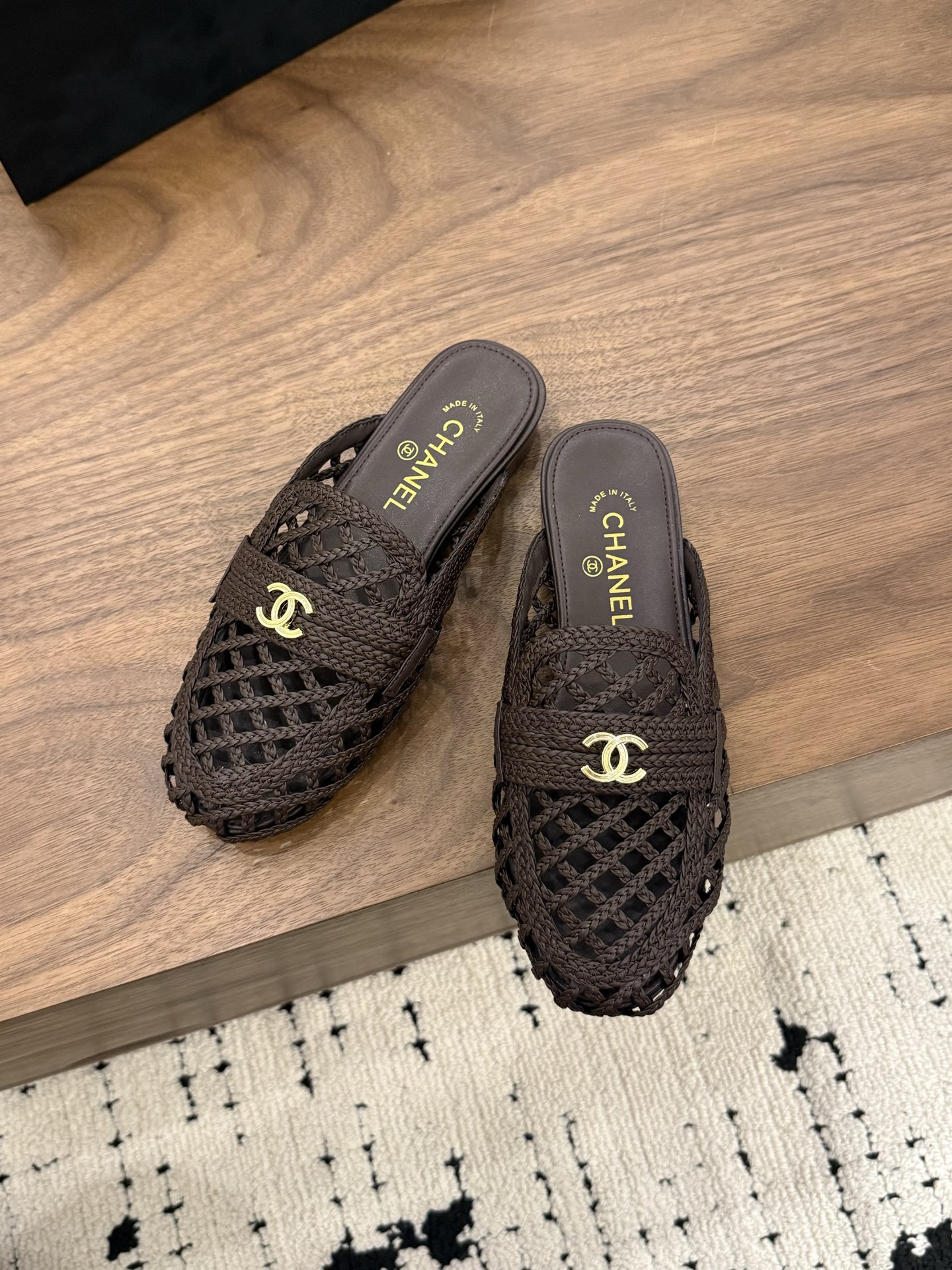 Chanel Woven Leather Slide Sandals – Dark Brown with Gold-Tone CC Logo, Italian Leather Sole (EU 35–39)