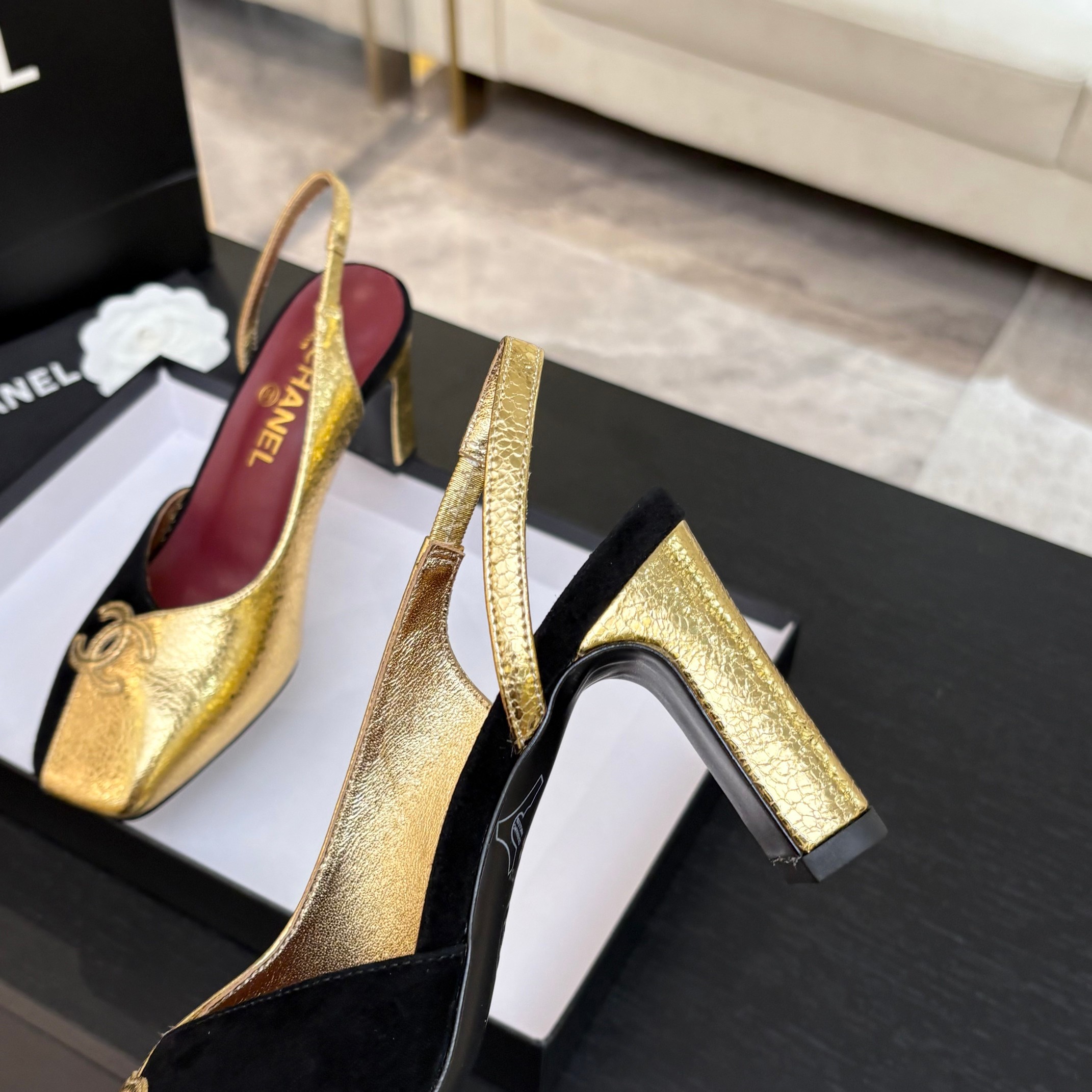 Chanel 26S Two-Tone Slingback Heels – Black Suede & Gold Metallic Leather with CC Logo, Square Toe (EU 35–39)