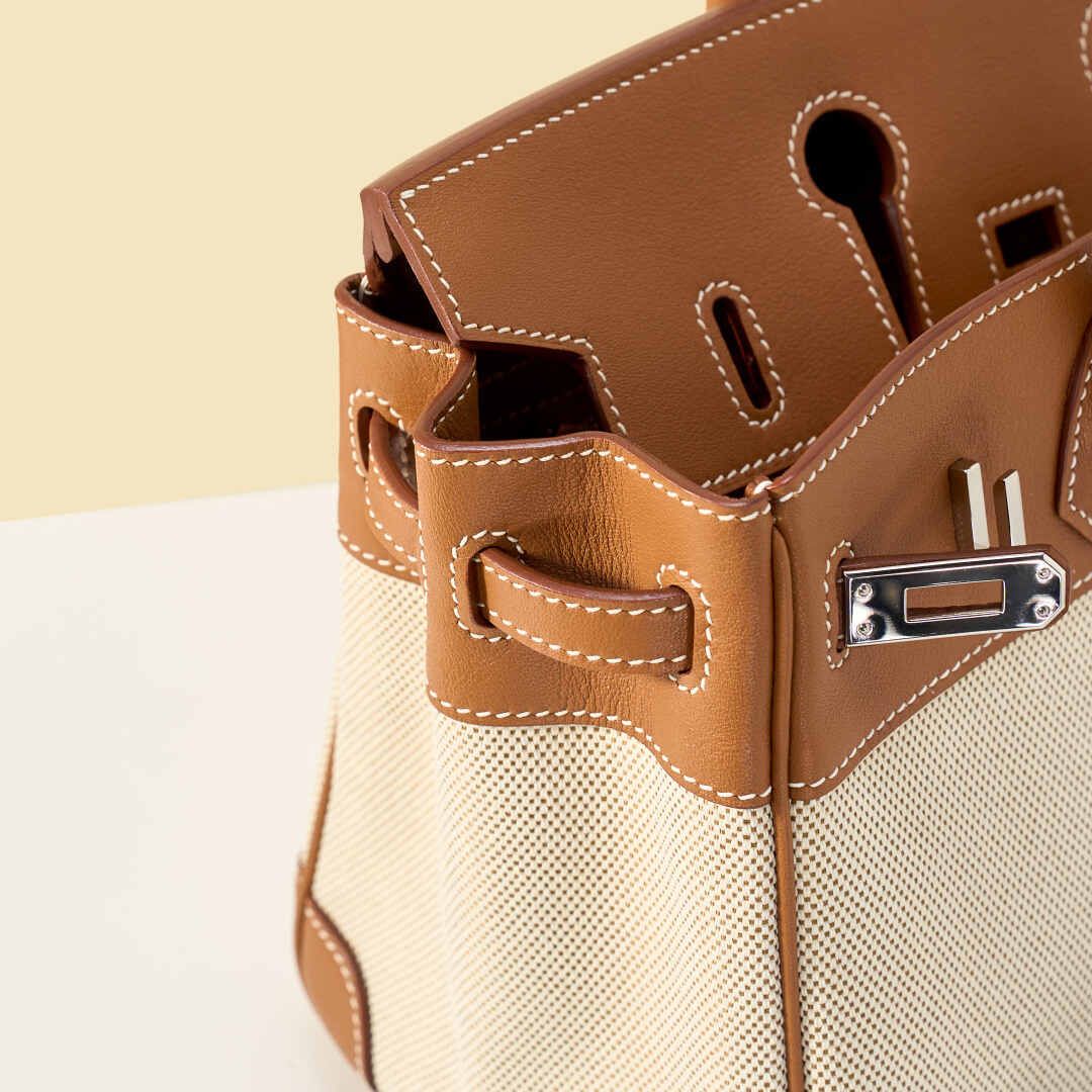 Hermès Birkin 30cm – Off-White Canvas & Gold Brown Swift Leather with Silver Hardware, Hand-Stitched Waxed Thread